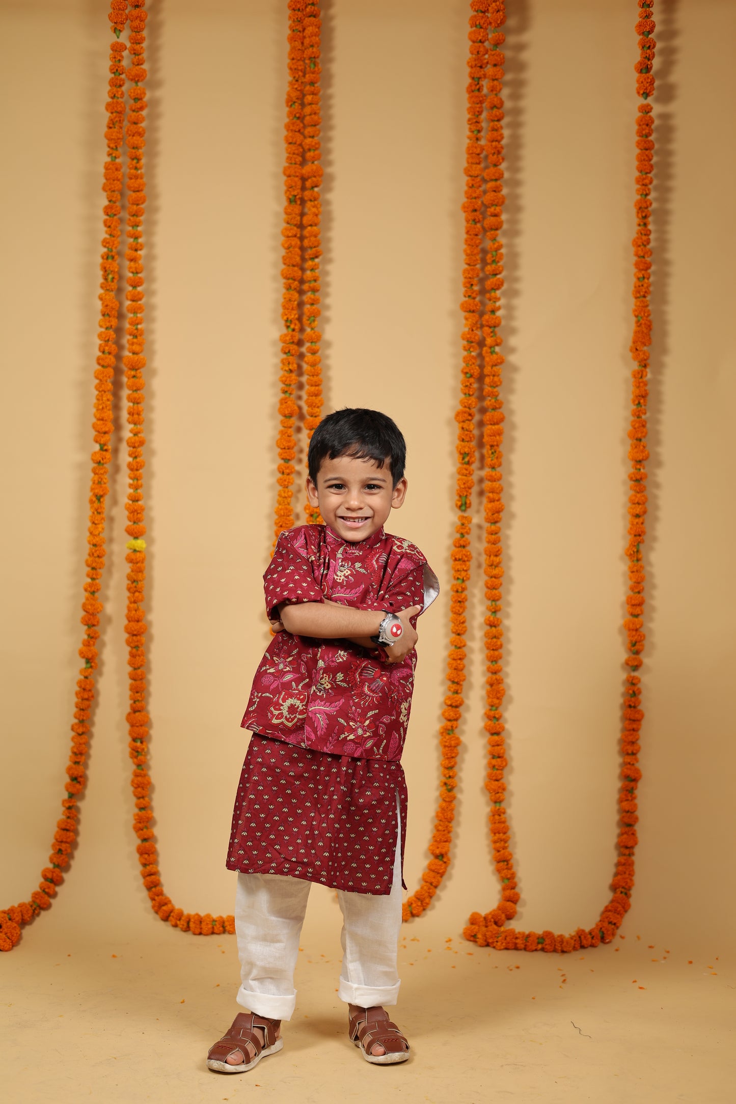 Ruby Red Phool Print Jacket with Kurta & Pajama