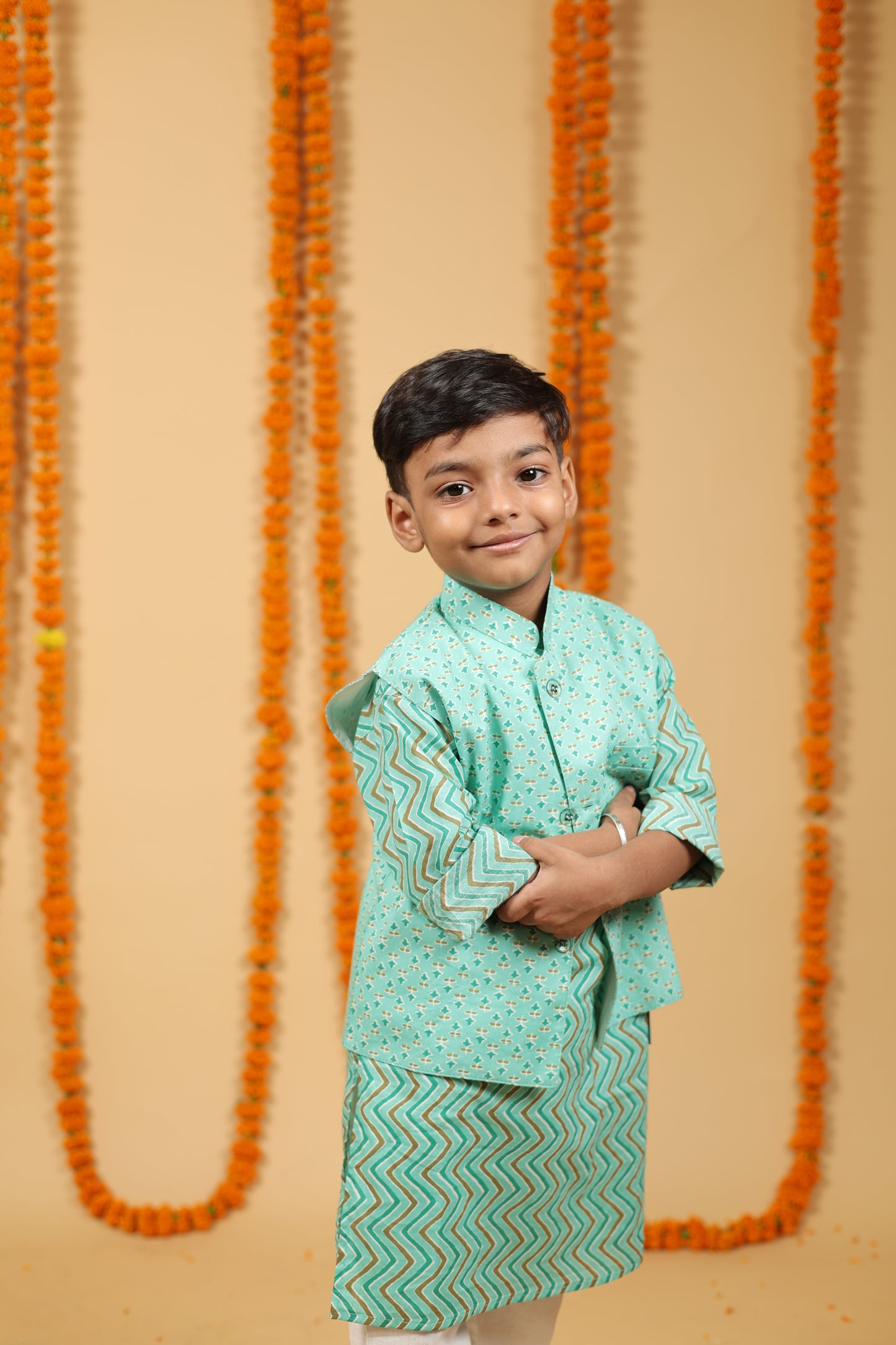 Bagru Inspired Nehru Jacket and Kurta Pajama Set