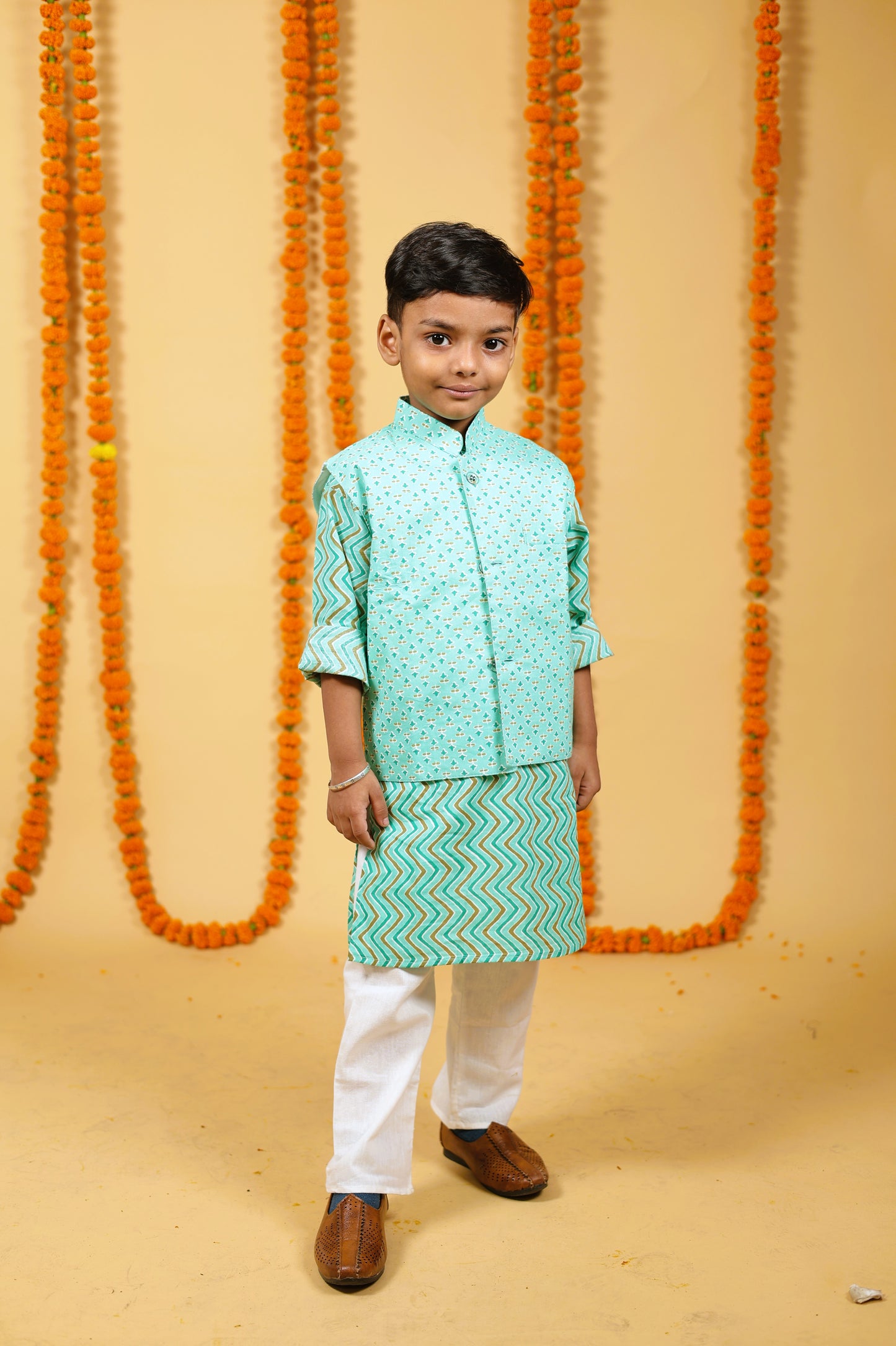 Bagru Inspired Nehru Jacket and Kurta Pajama Set