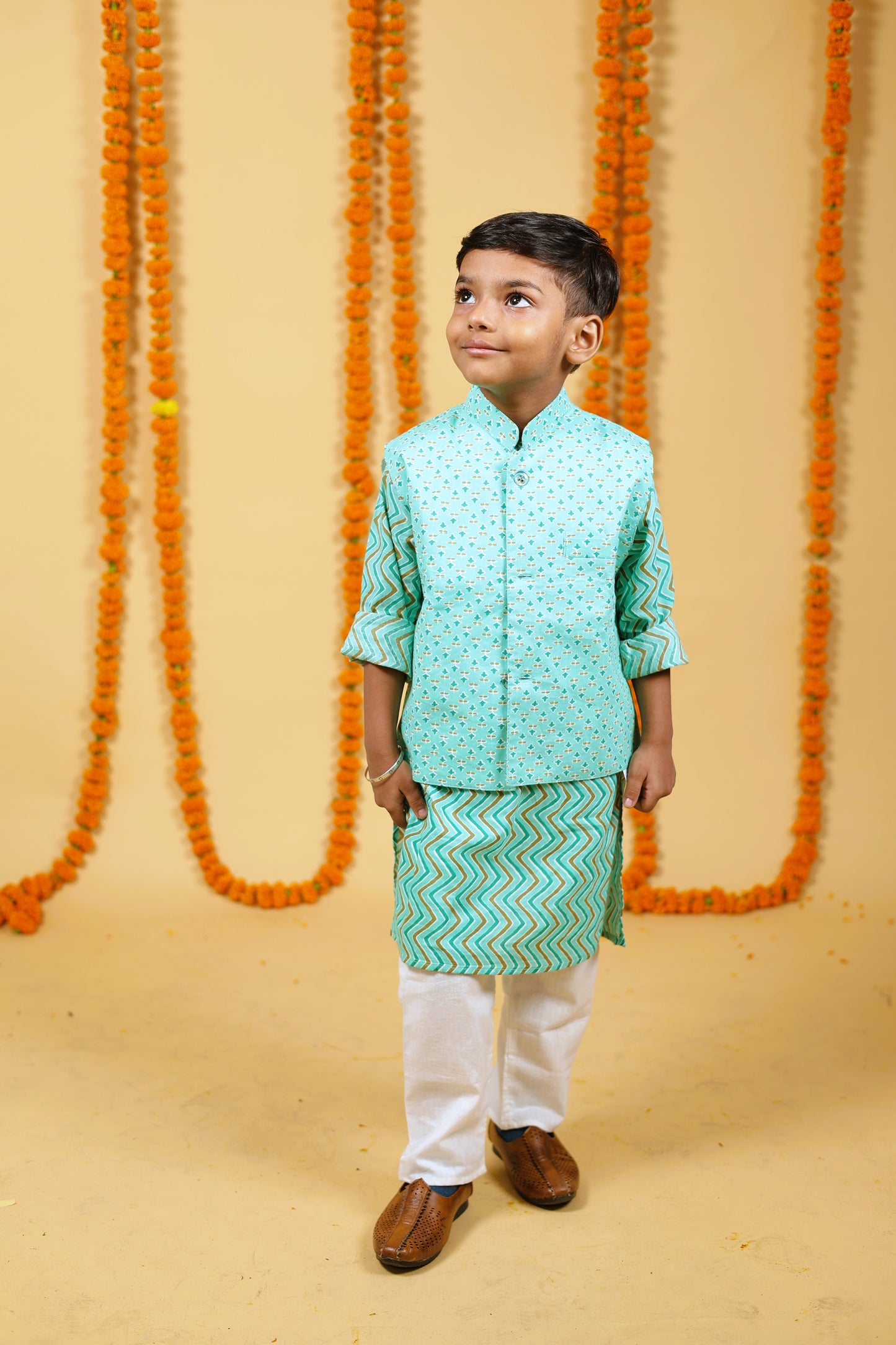 Bagru Inspired Nehru Jacket and Kurta Pajama Set