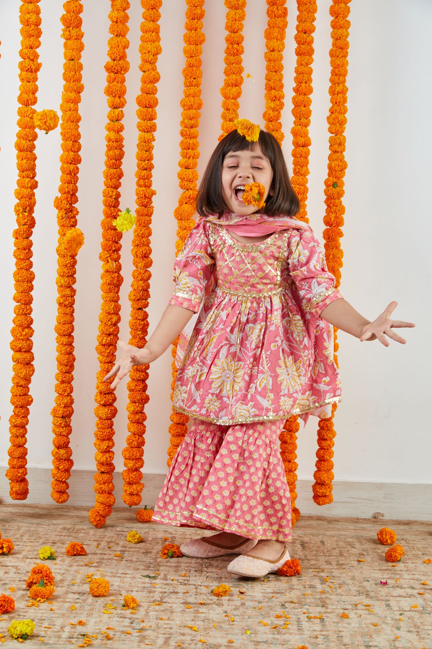 Surajmukhi on Pastel Pink Hand Block Printed Sharara Suit Set