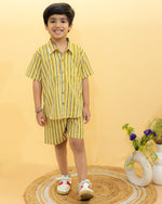Mustard Yellow Striped Hand Block Printed Shirt and Short Co-ord Set
