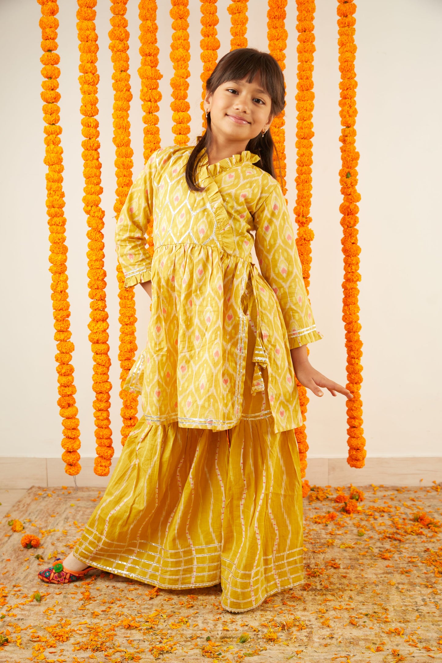Ikkat Inspired Print Angrakha Kurta Sharara Set