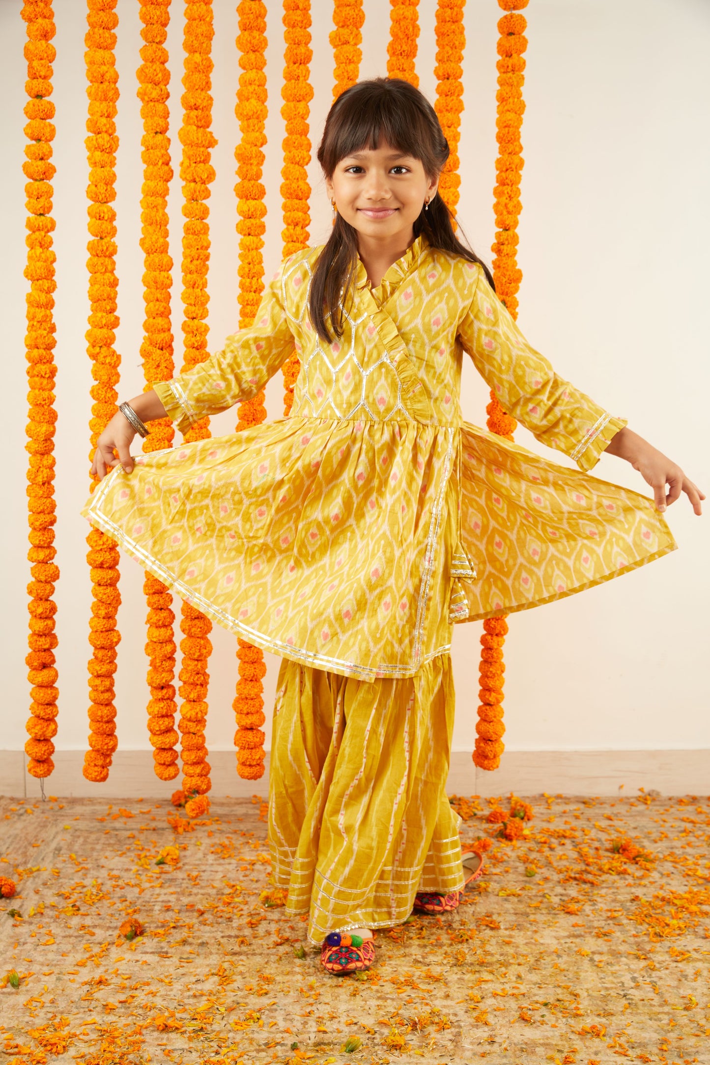 Ikkat Inspired Print Angrakha Kurta Sharara Set
