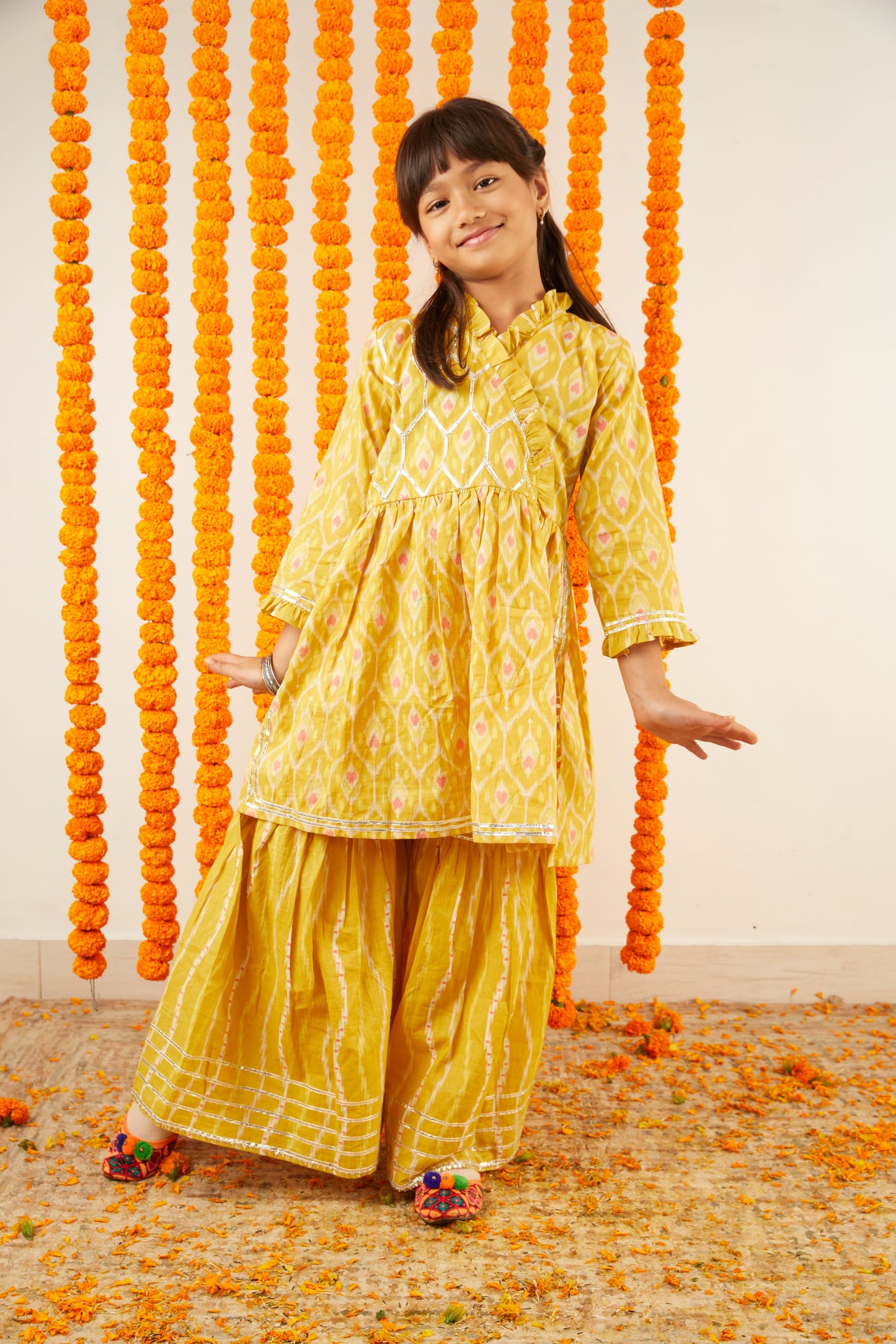 Ikkat Inspired Print Angrakha Kurta Sharara Set