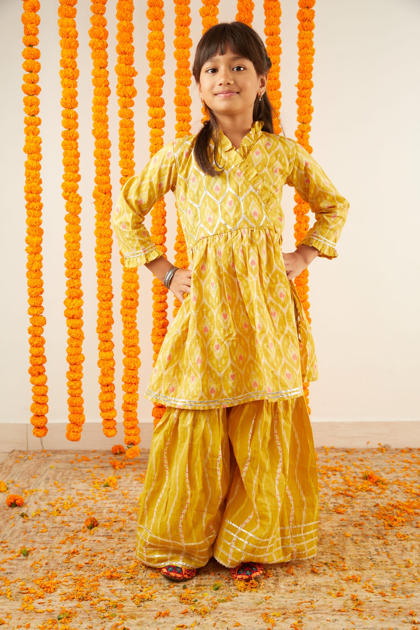 Ikkat Inspired Print Angrakha Kurta Sharara Set