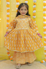 GoldenRod Floral Booti Hand Block Printed Kurta Sharara Set