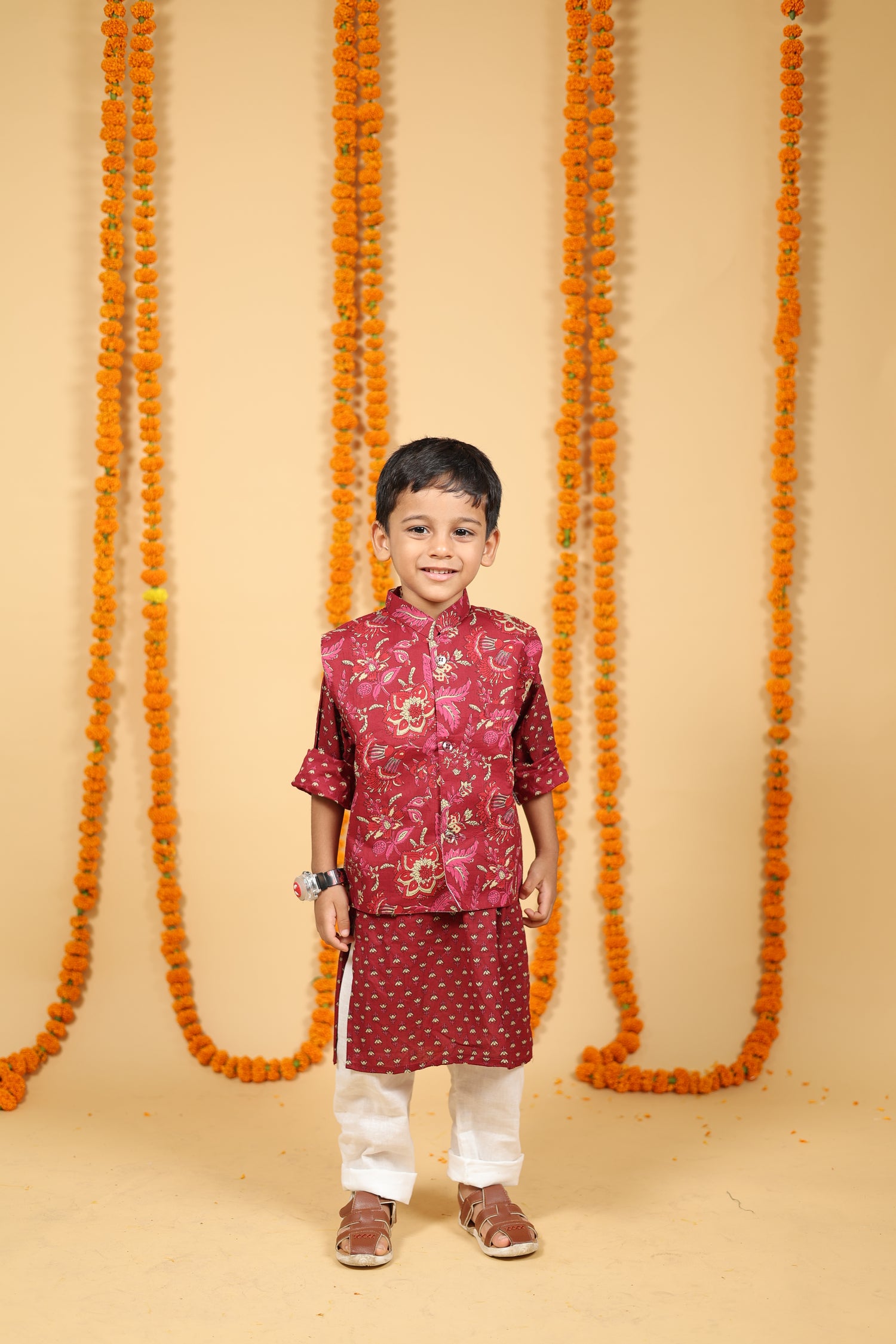 Ruby Red Phool Print Jacket with Kurta & Pajama