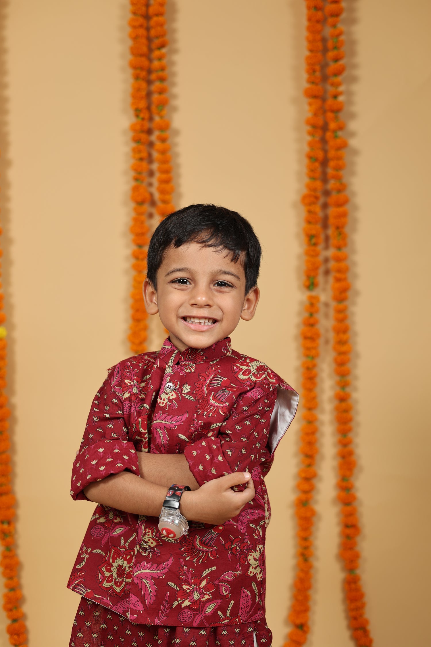 Ruby Red Phool Print Jacket with Kurta & Pajama