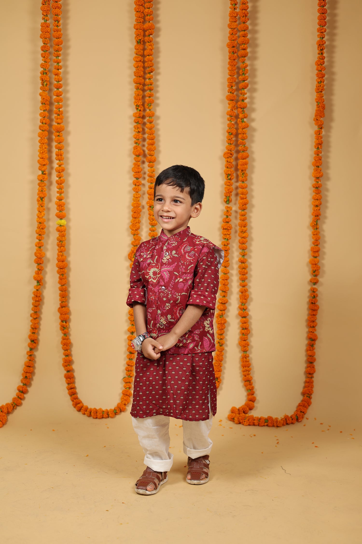 Ruby Red Phool Print Jacket with Kurta & Pajama