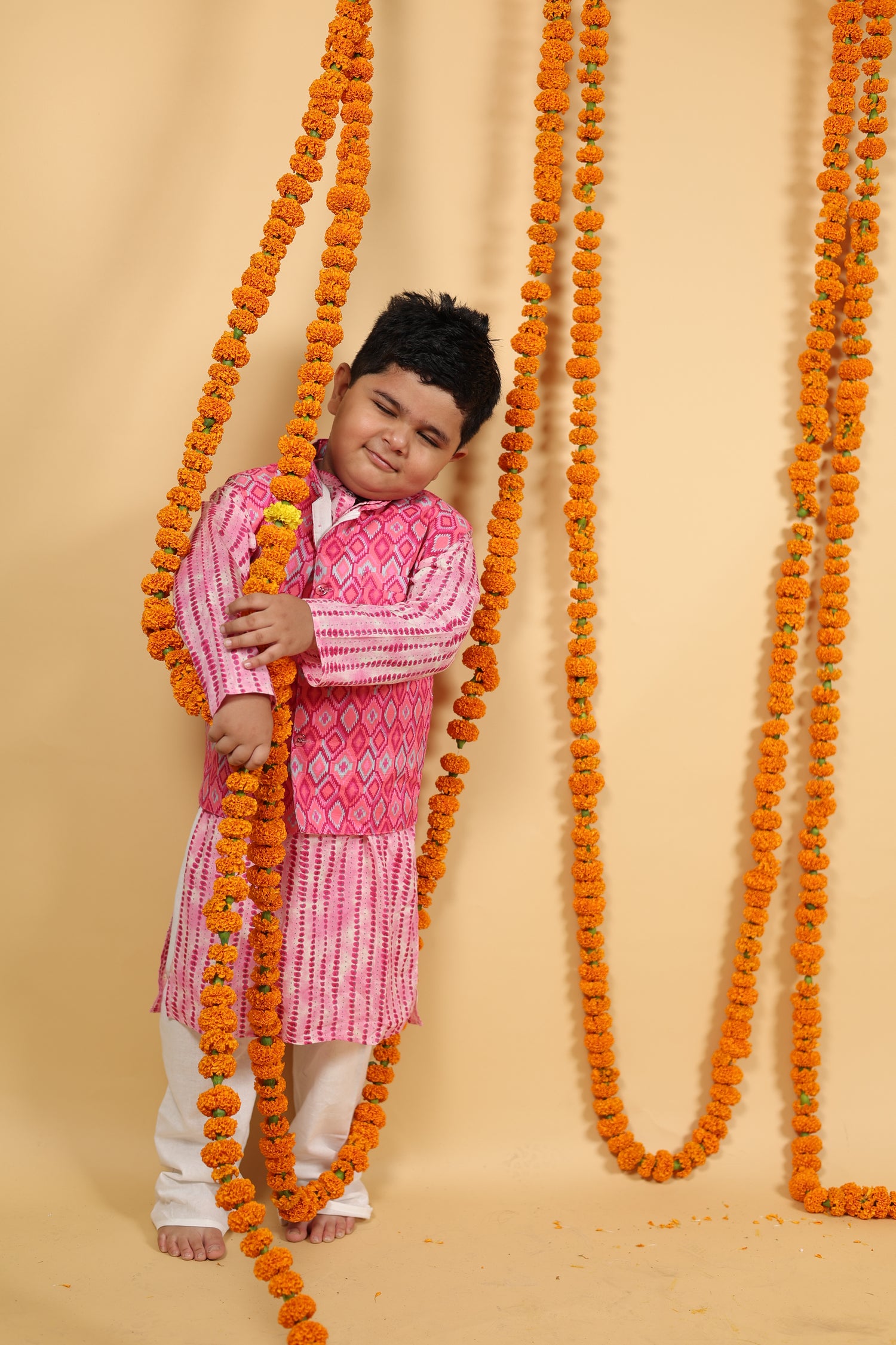 Pink Ikkat Inspired Print Jacket with Kurta & Pajama