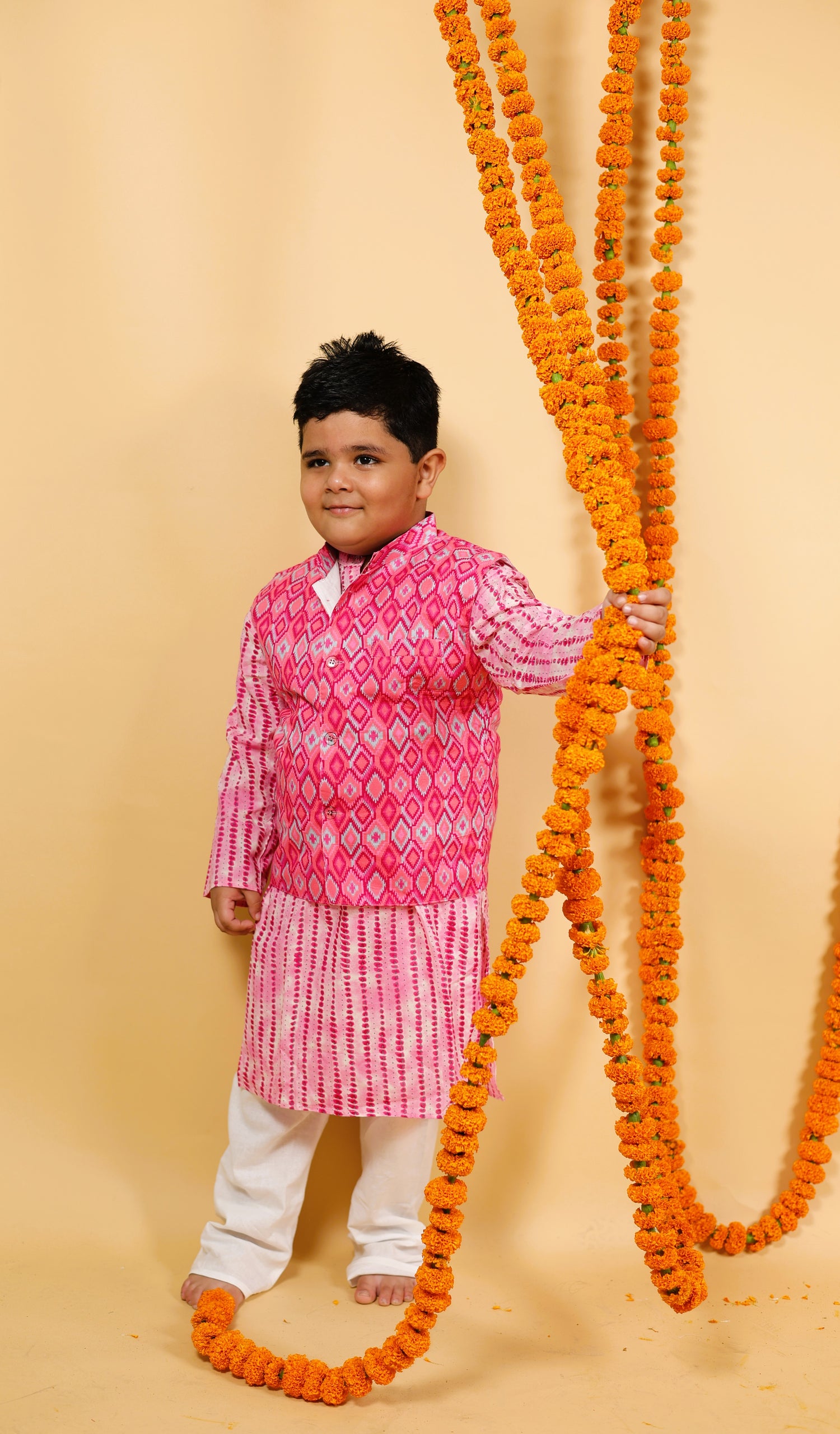 Pink Ikkat Inspired Print Jacket with Kurta & Pajama