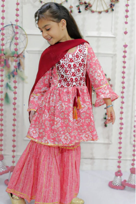 Floral Bubblegum Pink Embroided & Printed Sharara Suit Set