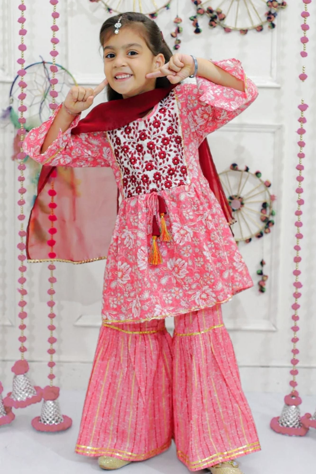 Floral Bubblegum Pink Embroided & Printed Sharara Suit Set