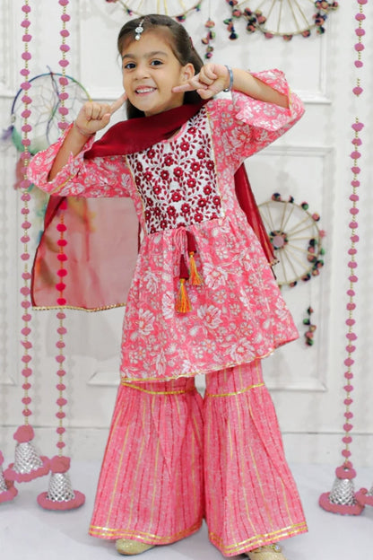 Floral Bubblegum Pink Embroided & Printed Sharara Suit Set