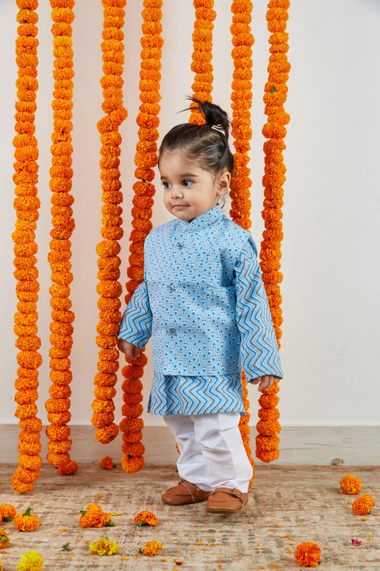 Bagru Inspired Nehru Jacket and Kurta Pajama Set