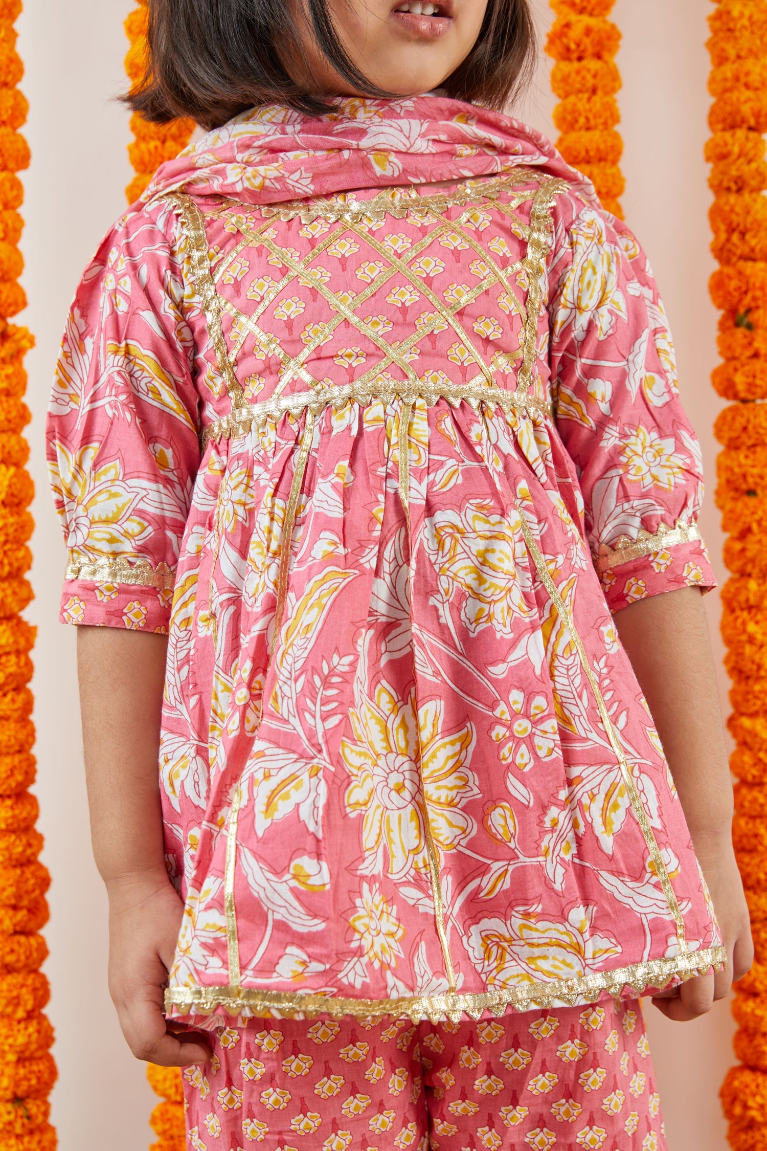 Surajmukhi on Pastel Pink Hand Block Printed Sharara Suit Set