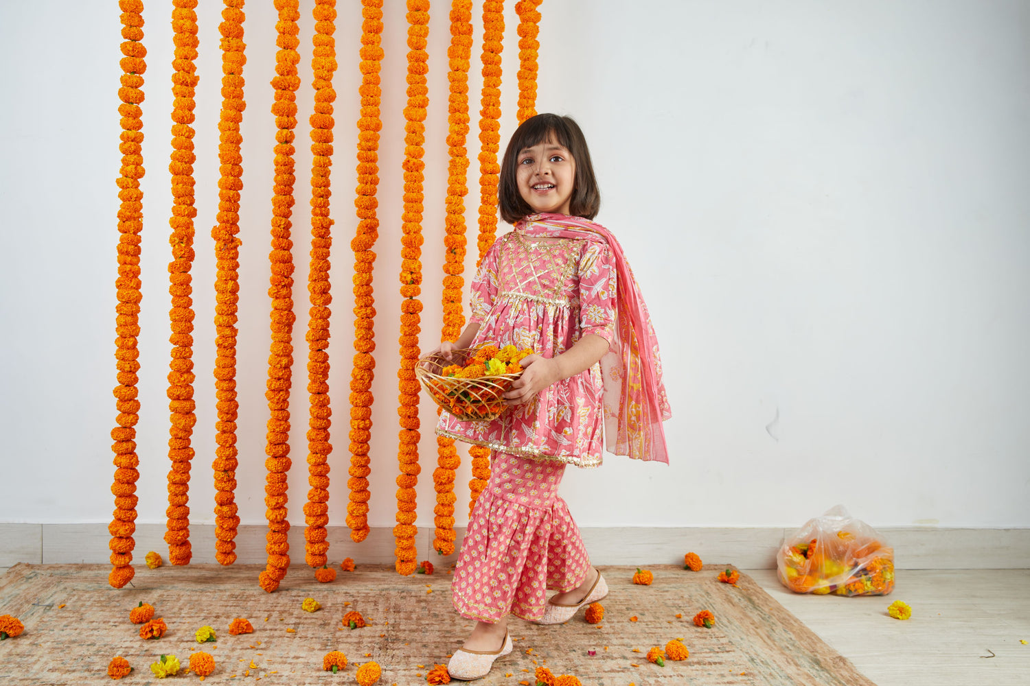 Surajmukhi on Pastel Pink Hand Block Printed Sharara Suit Set