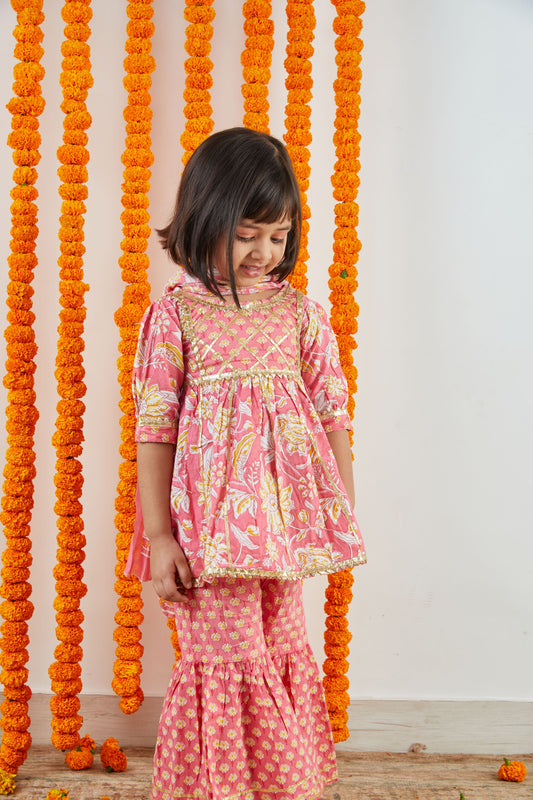 Surajmukhi on Pastel Pink Hand Block Printed Sharara Suit Set
