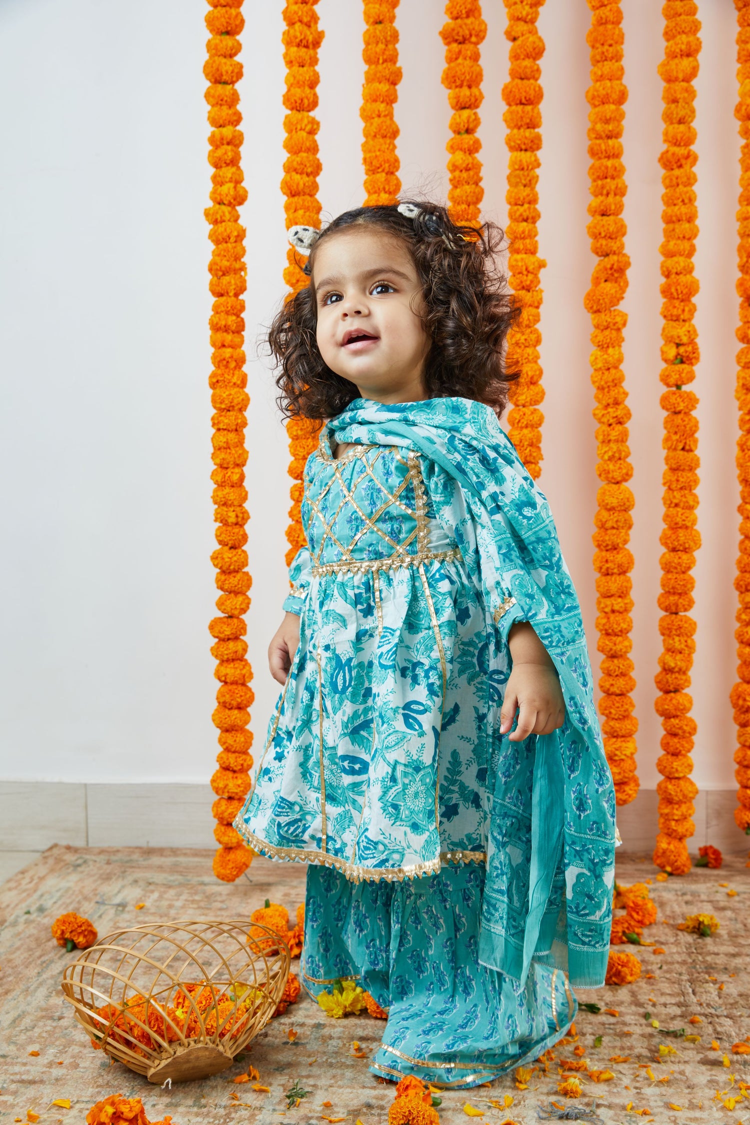 Blue and White Floral Jaal Hand Block Printed Sharara Suit Set