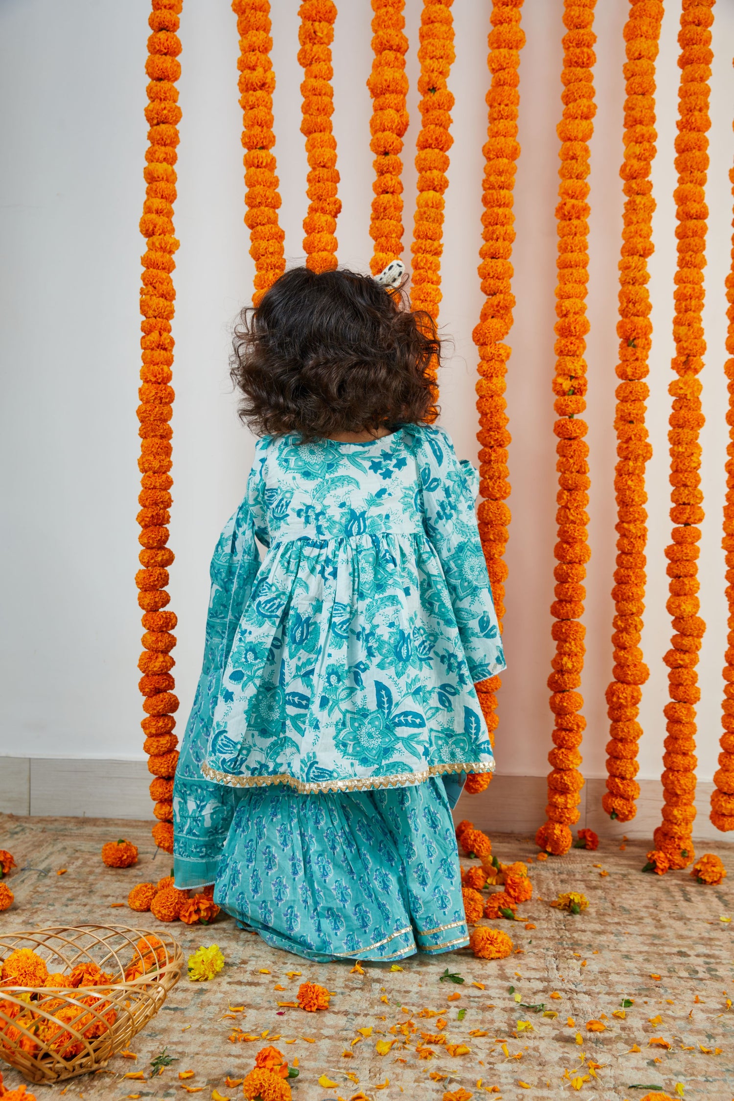 Blue and White Floral Jaal Hand Block Printed Sharara Suit Set