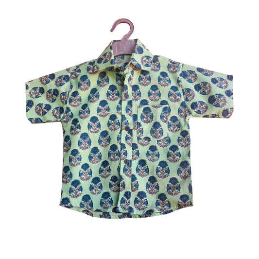 Green Floral Repeat Hand Block Printed Cotton Shirt