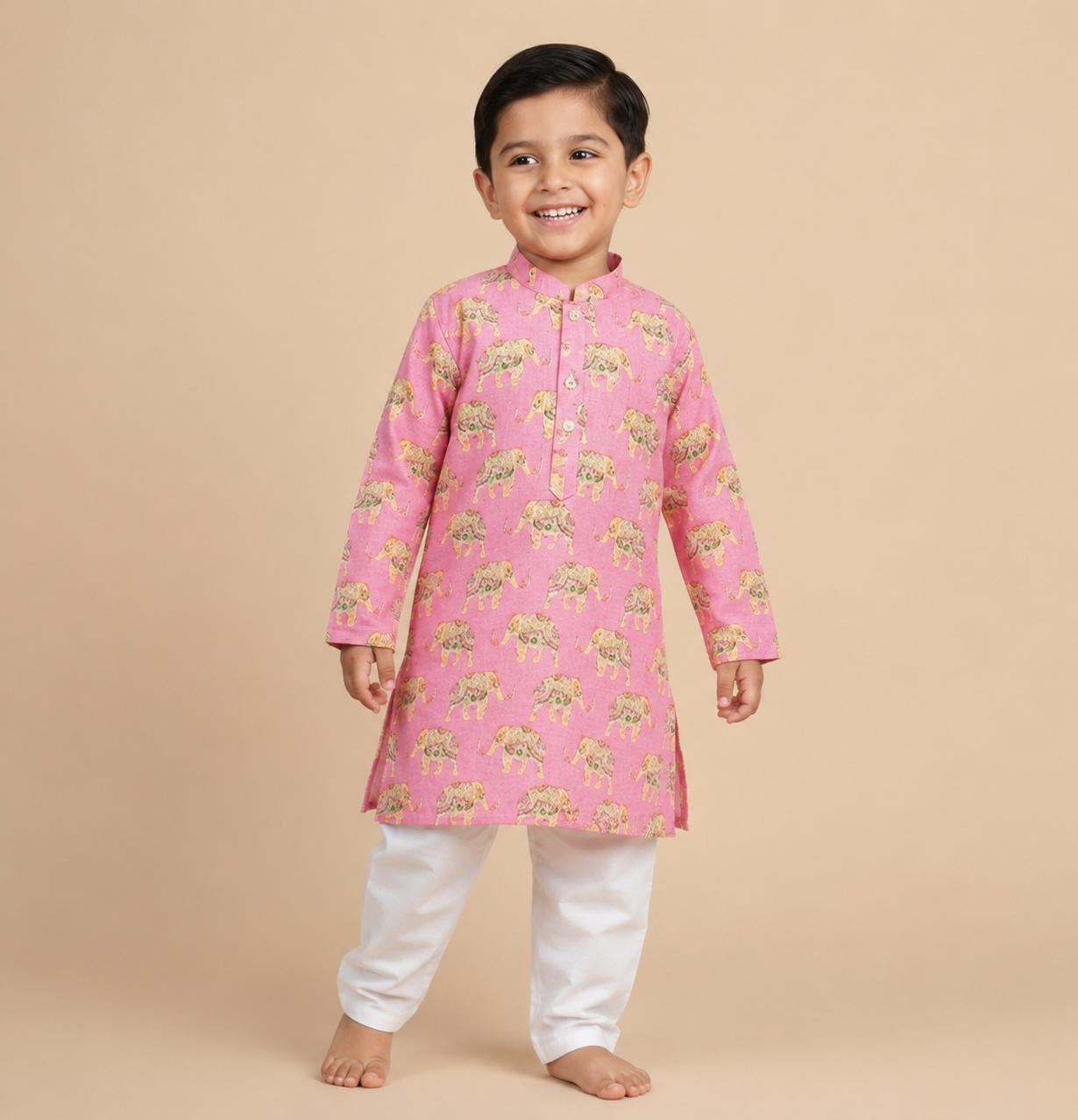 Pink Elephant Hand-Block Printed Cotton Kurta Pyjama Set