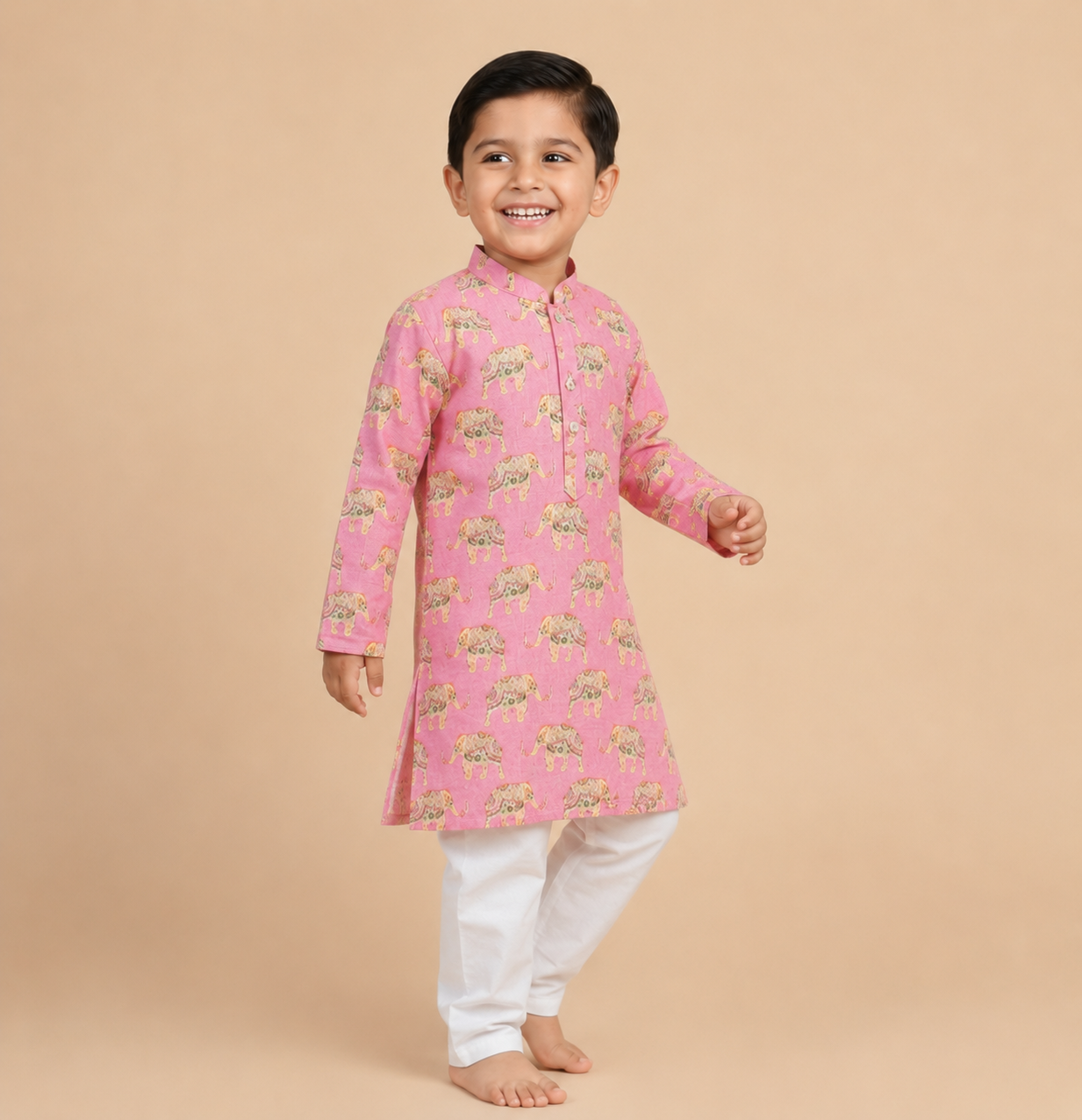 Pink Elephant Hand-Block Printed Cotton Kurta Pyjama Set