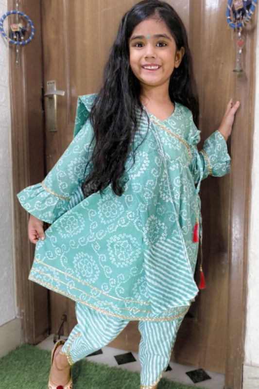 Turquoise Bandhani Inspired Hand Block Printed Dhoti Kurta Suit Set