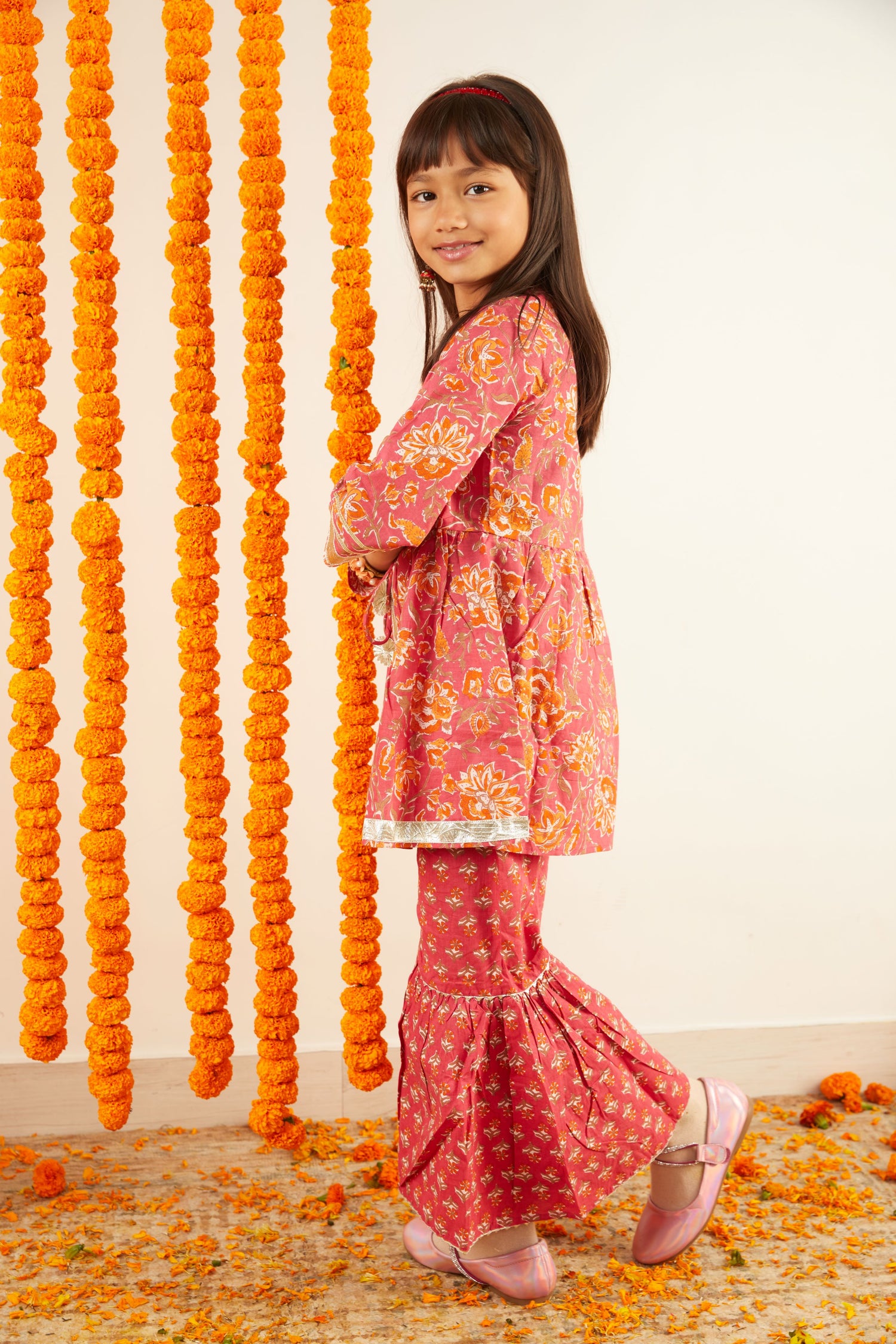 Flora Hibiscus Pink Hand Block Printed Sharara Suit Set