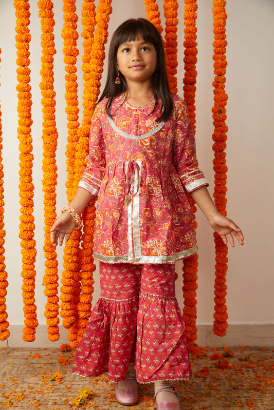 Flora Hibiscus Pink Hand Block Printed Sharara Suit Set