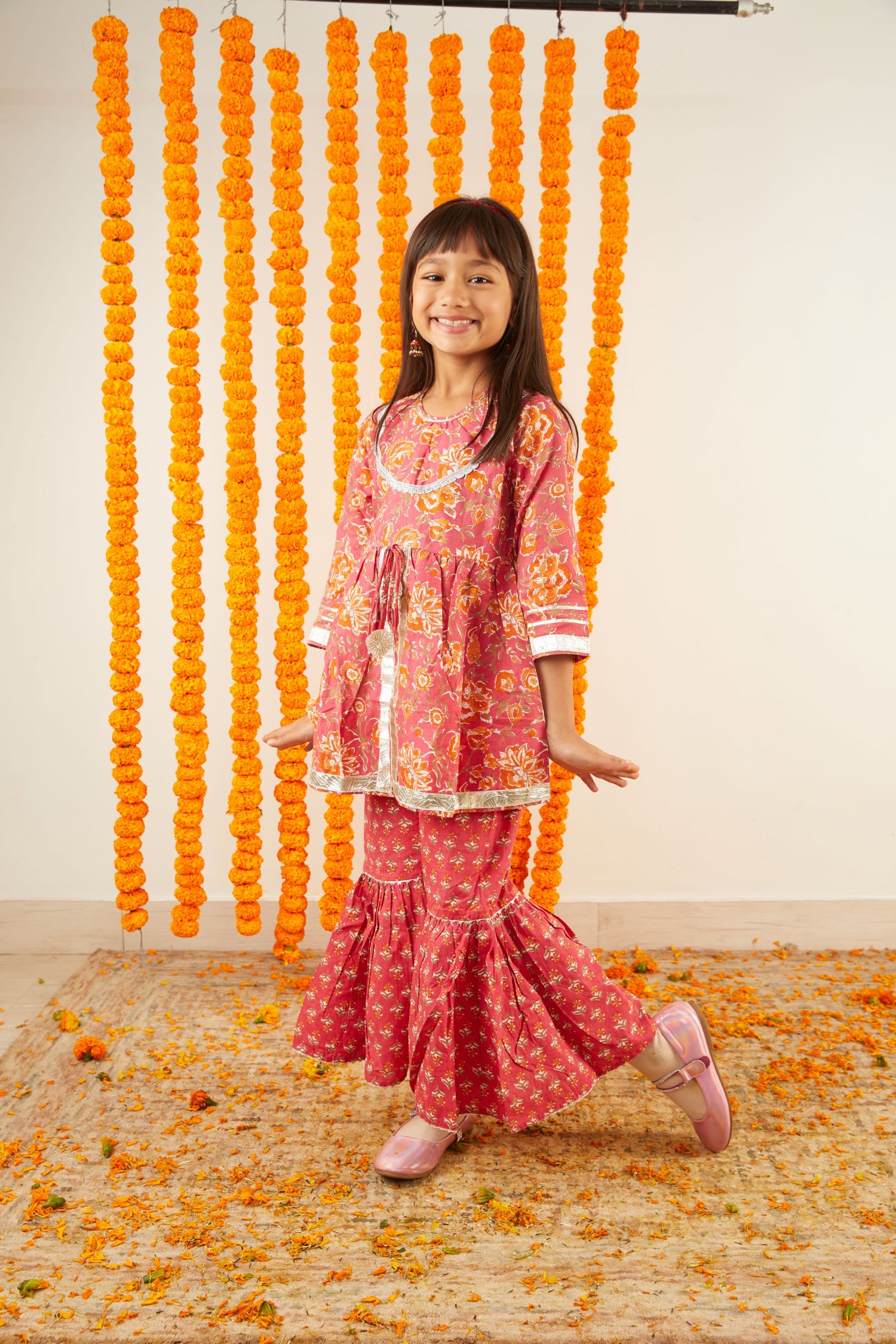 Flora Hibiscus Pink Hand Block Printed Sharara Suit Set