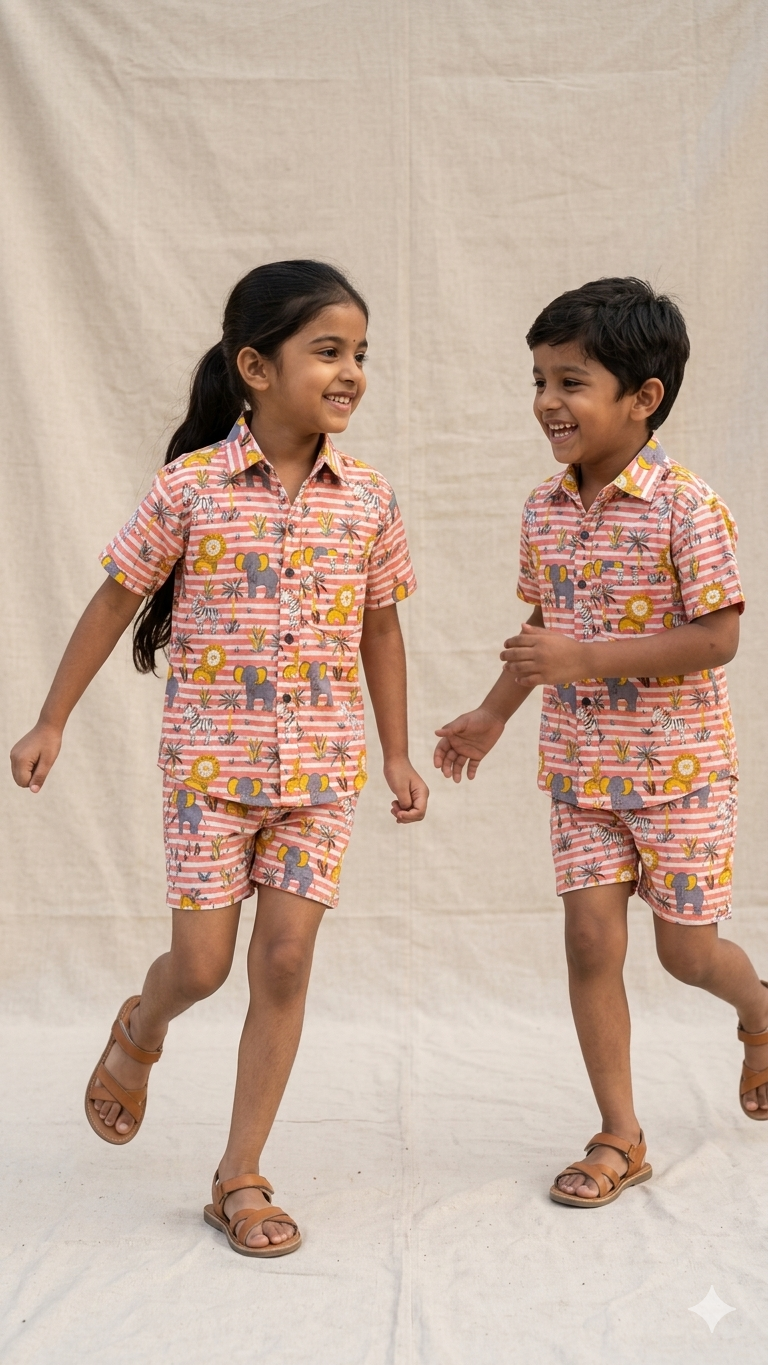 Safari Animal Print Cotton Shirt and Shorts Co-ord Set