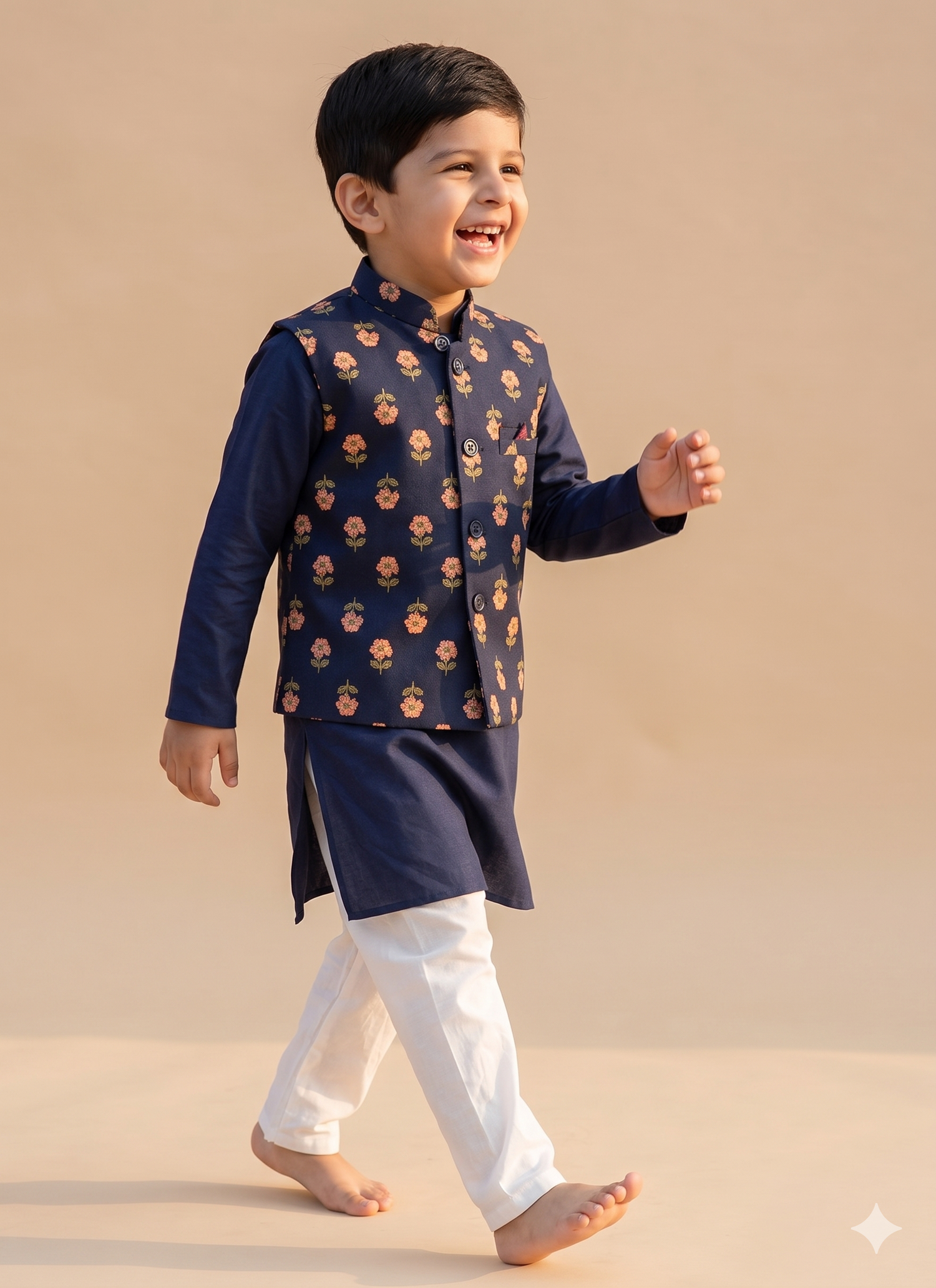 Little Nawab Navy Floral Kurta Jacket Set
