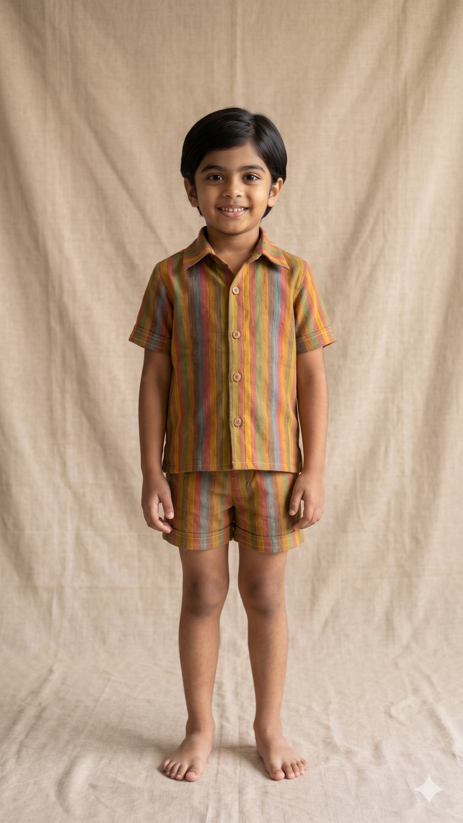 Multicolor Woven Kantha Stripe Cotton Shirt and Shorts Co-ord Set