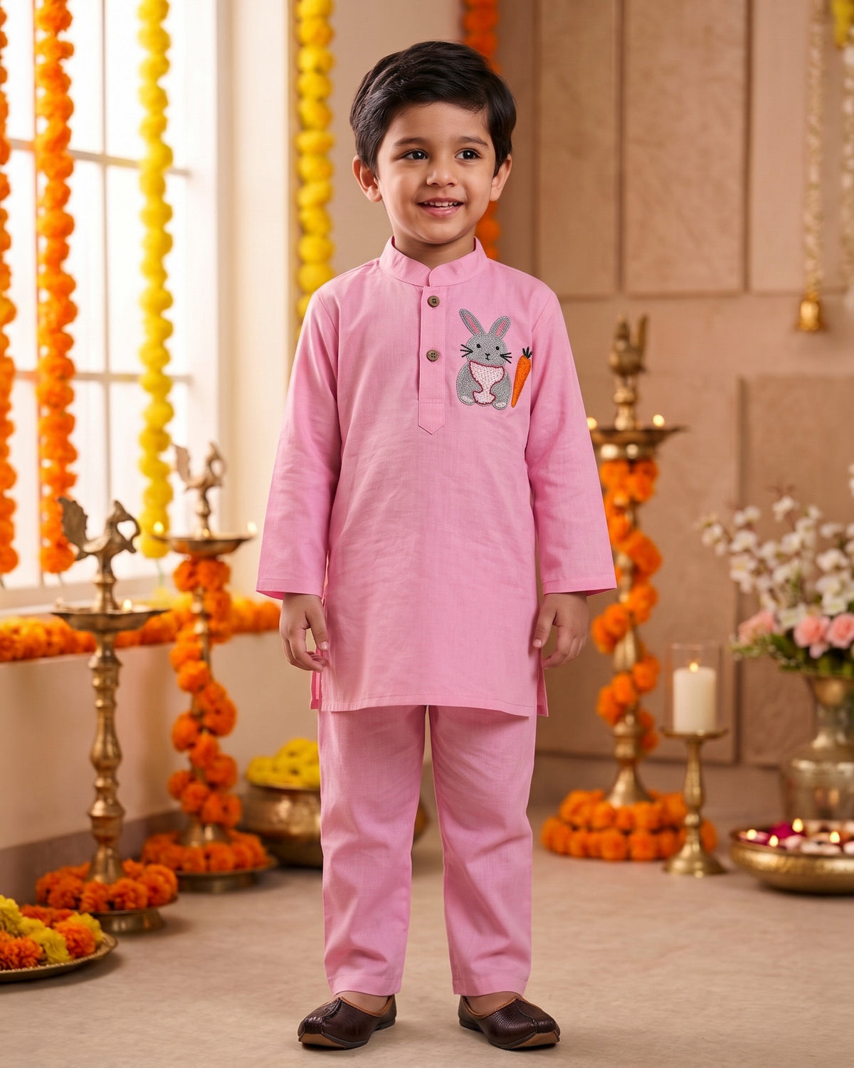 Rose Pink Bunny Cotton Kurta Pajama Set