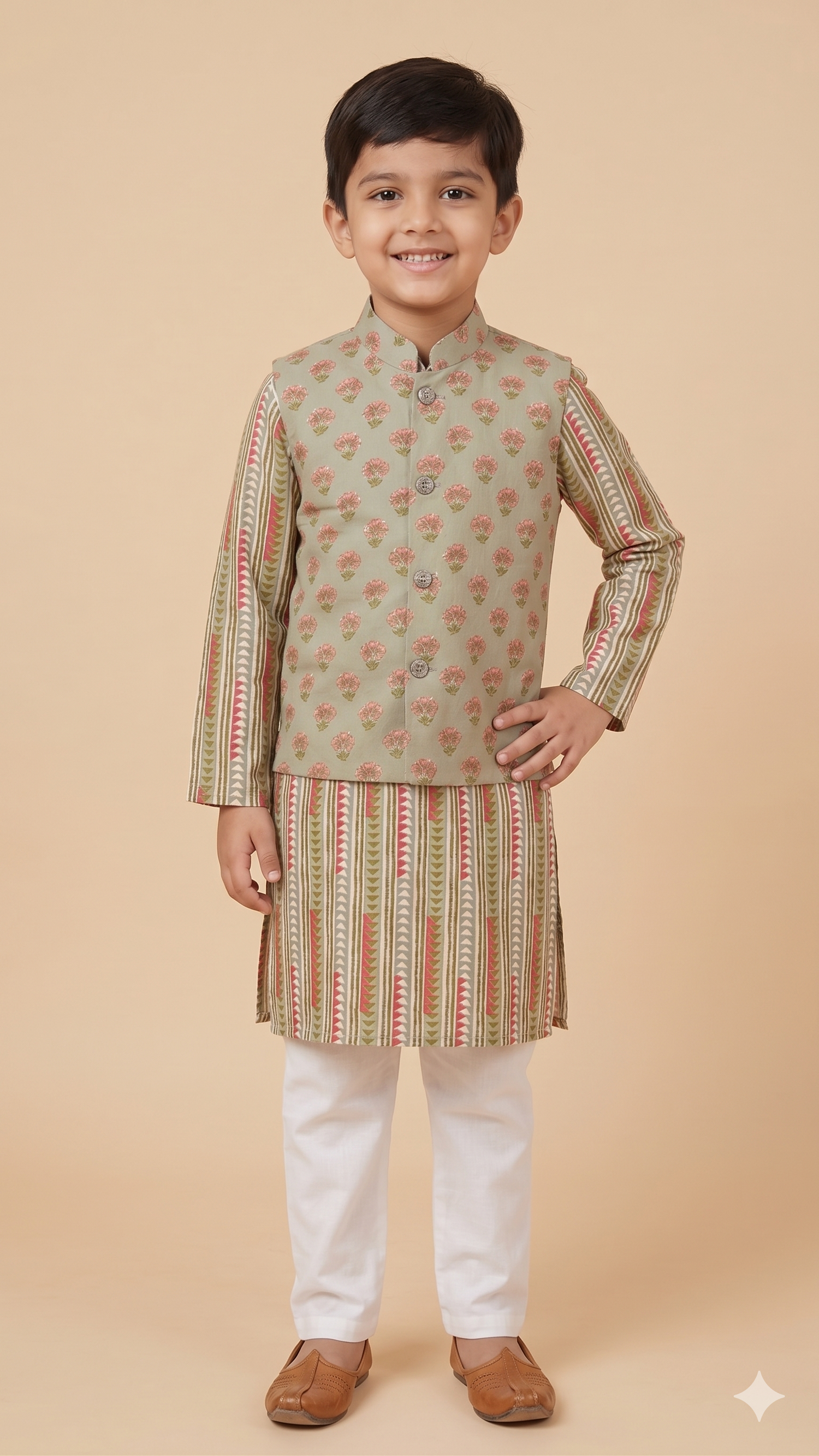 Sage Green Floral Boota and Chevron Stripe Block Print Nehru Jacket Kurta Pyjama Set