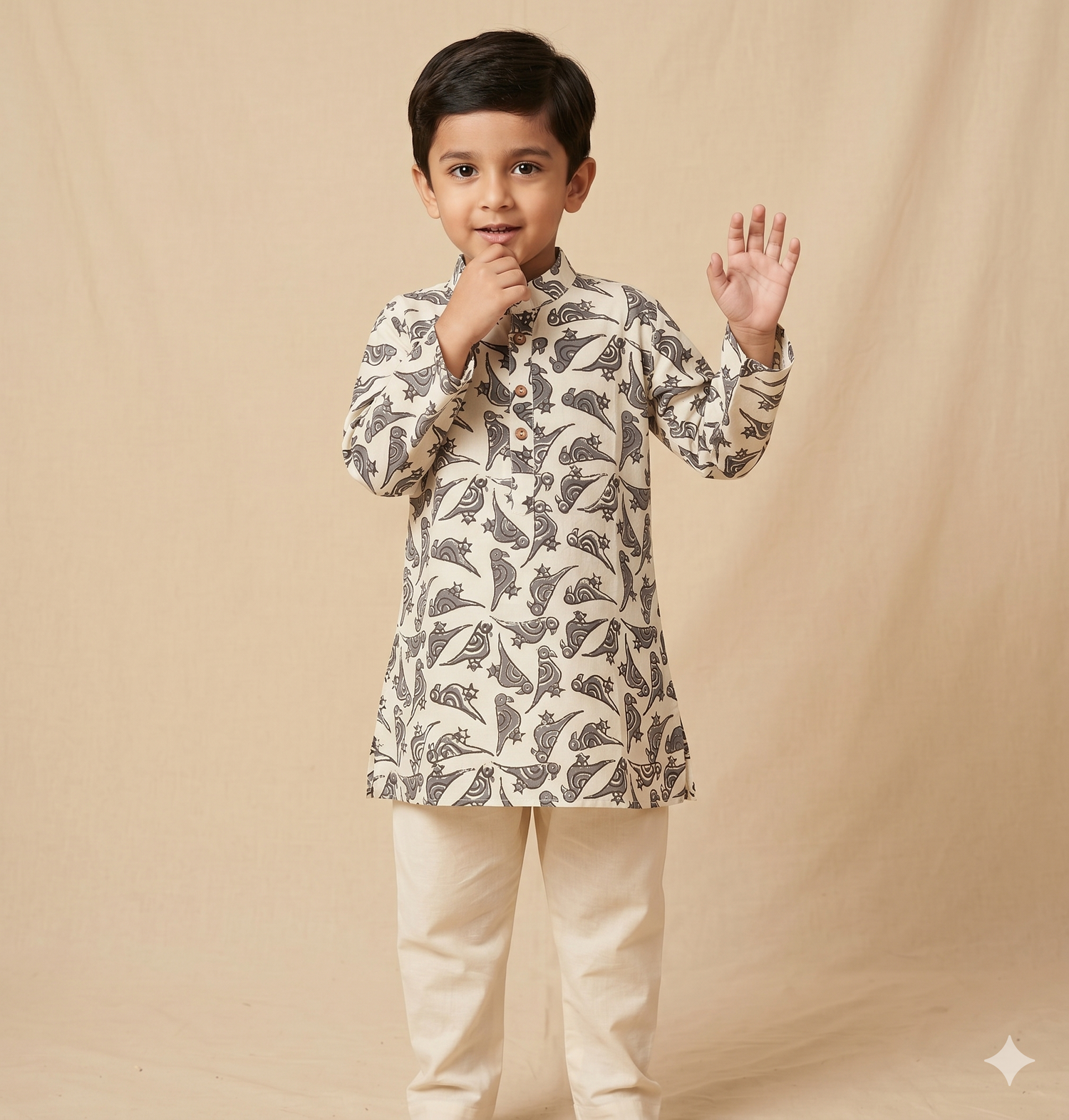 Block Print Folk Bird Kurta Pajama Set