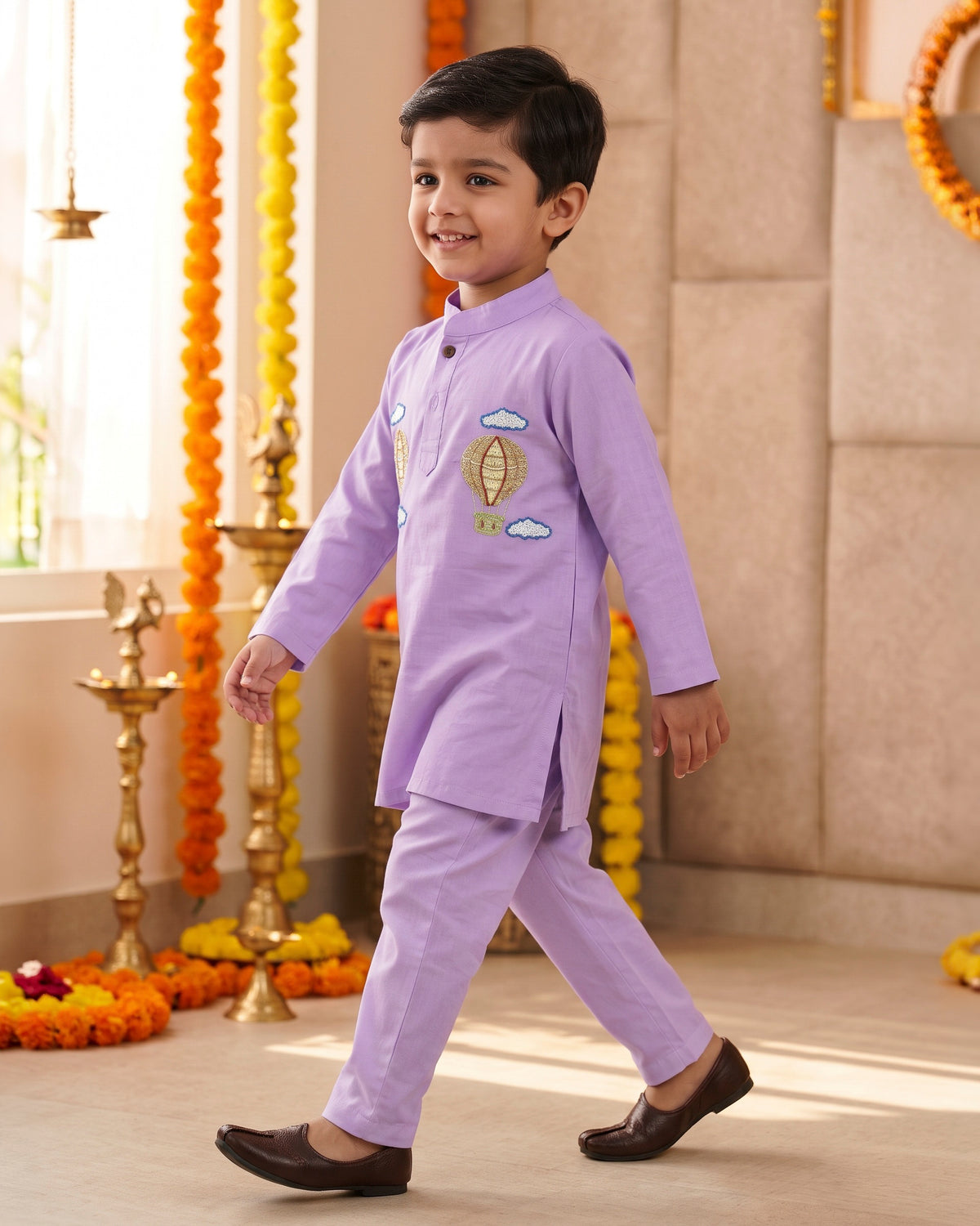 Udaan Embroidered Hot Air Balloon Cotton Kurta Pajama Set for Boys