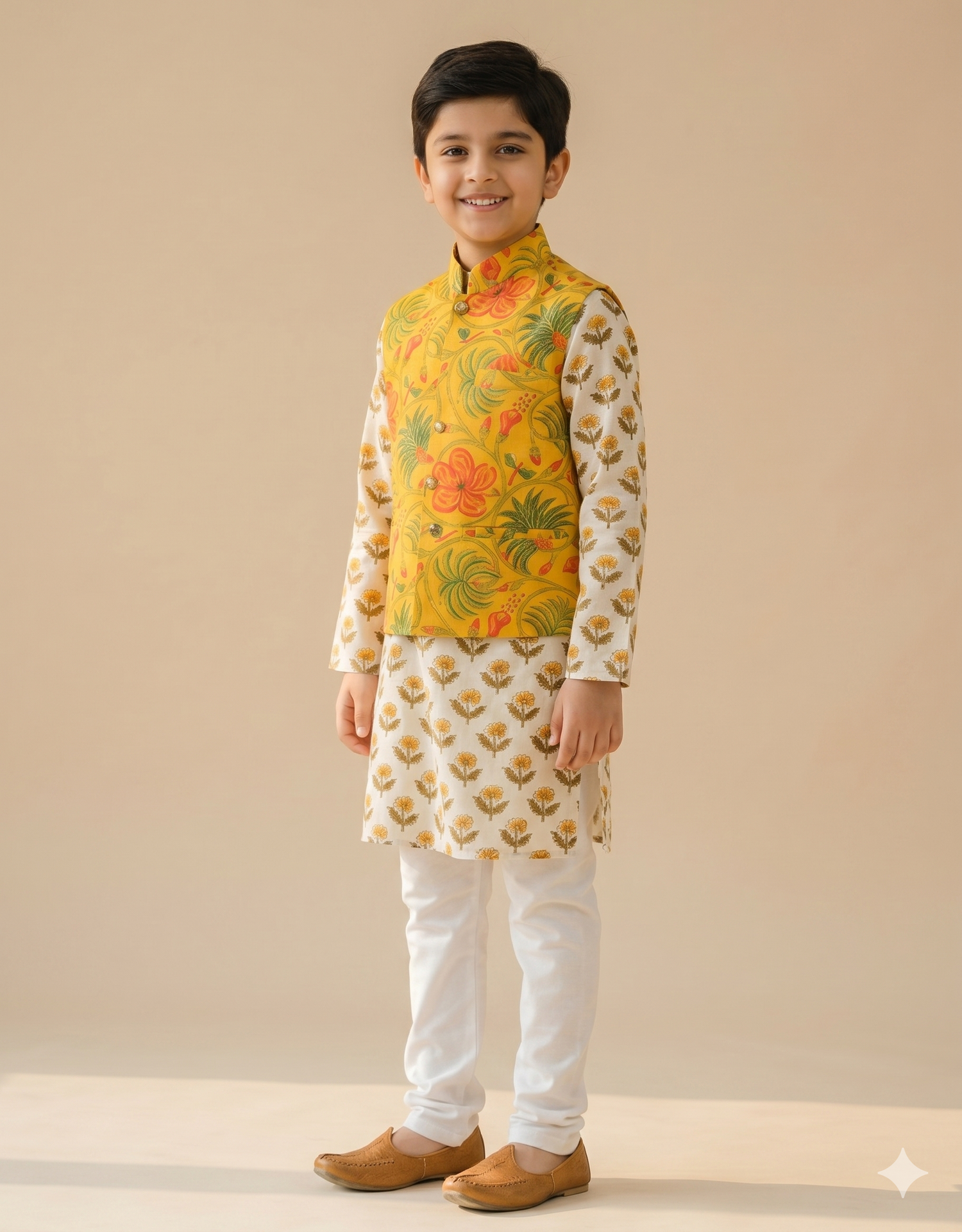 Marigold Bandi — Tropical Floral Block Print Kurta Pajama Set with Nehru Jacket for Boys