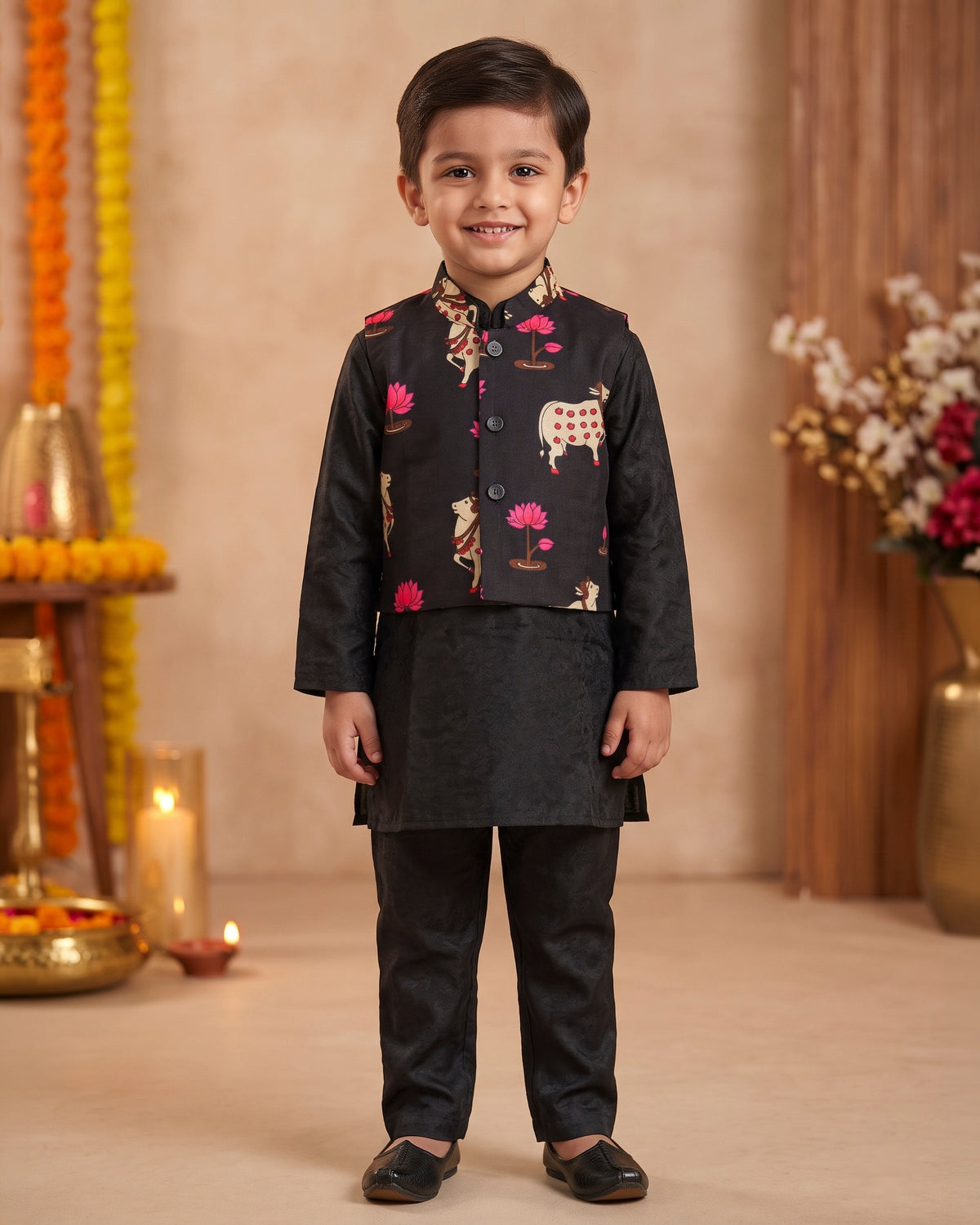 Kamal & Kamdhenu Printed Cotton Sadri with Black Modal Kurta Pajama Set