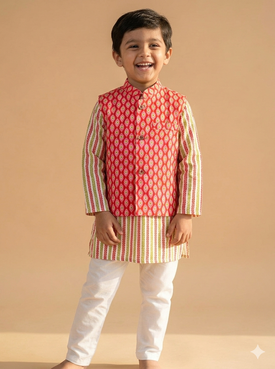 Scarlet Sage Block Print Jacket with Coordinating Kurta & Pajama