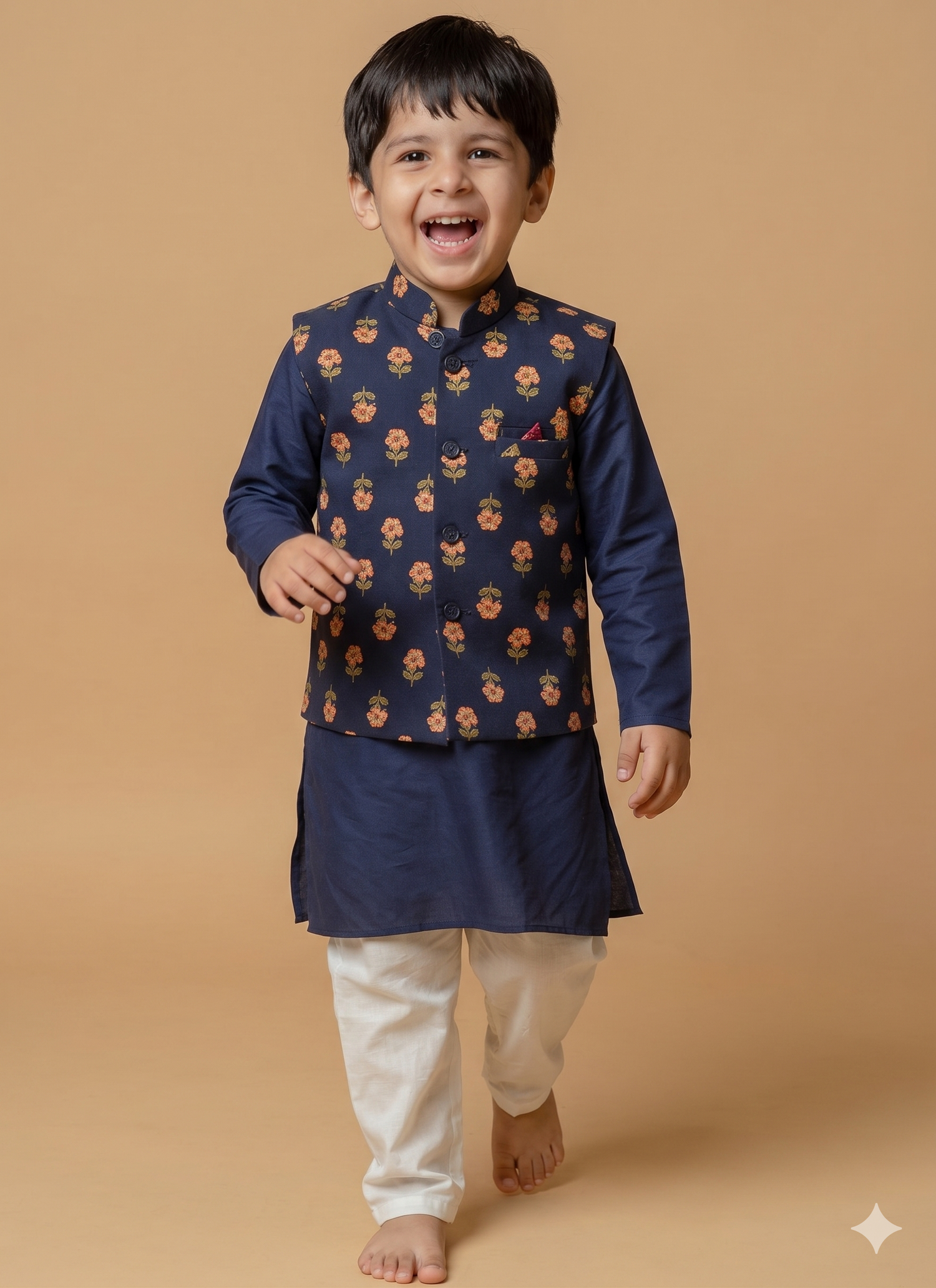 Little Nawab Navy Floral Kurta Jacket Set