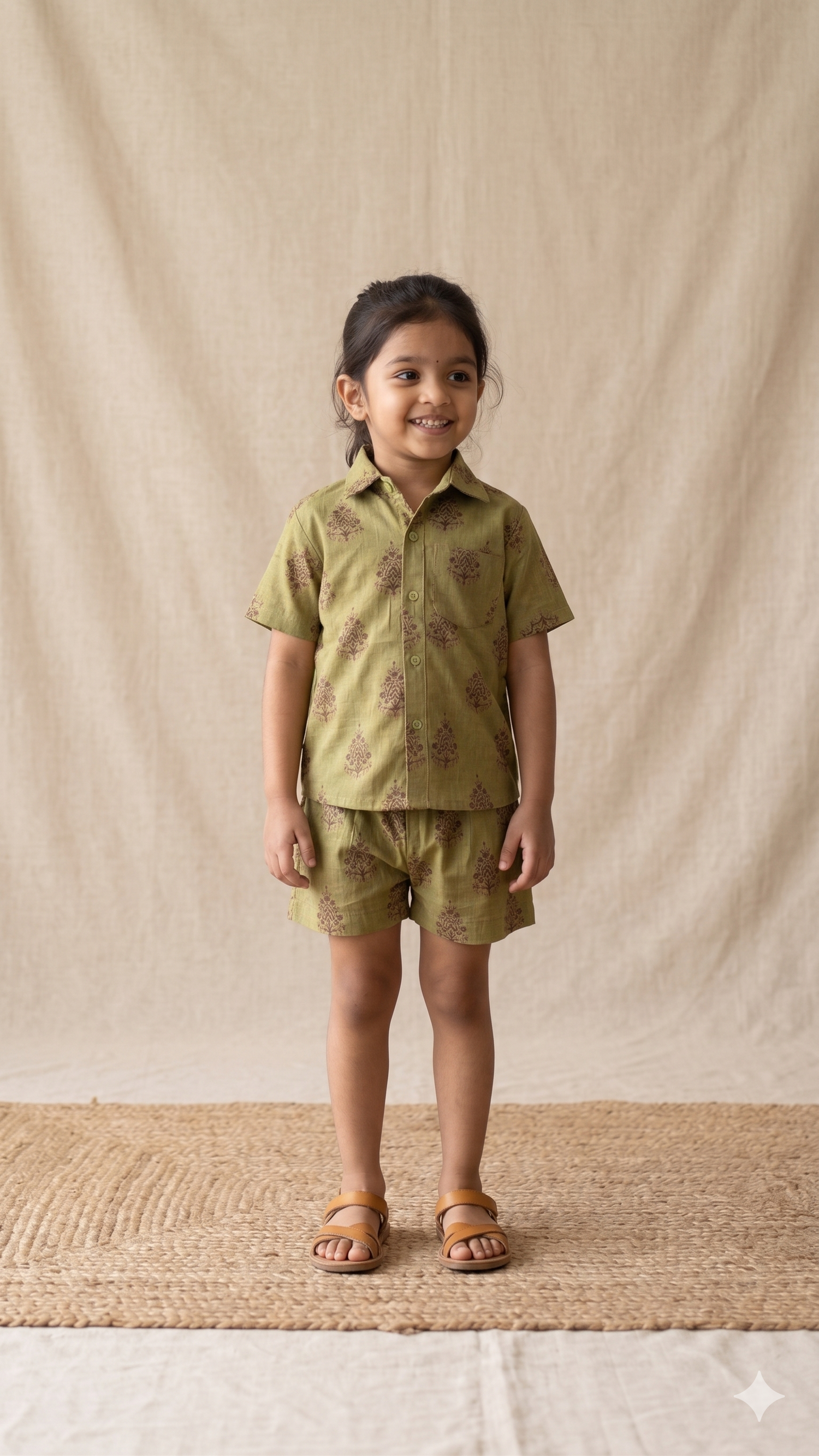 Olive Green Floral Boota Block Print Cotton Shirt and Shorts Co-ord Set
