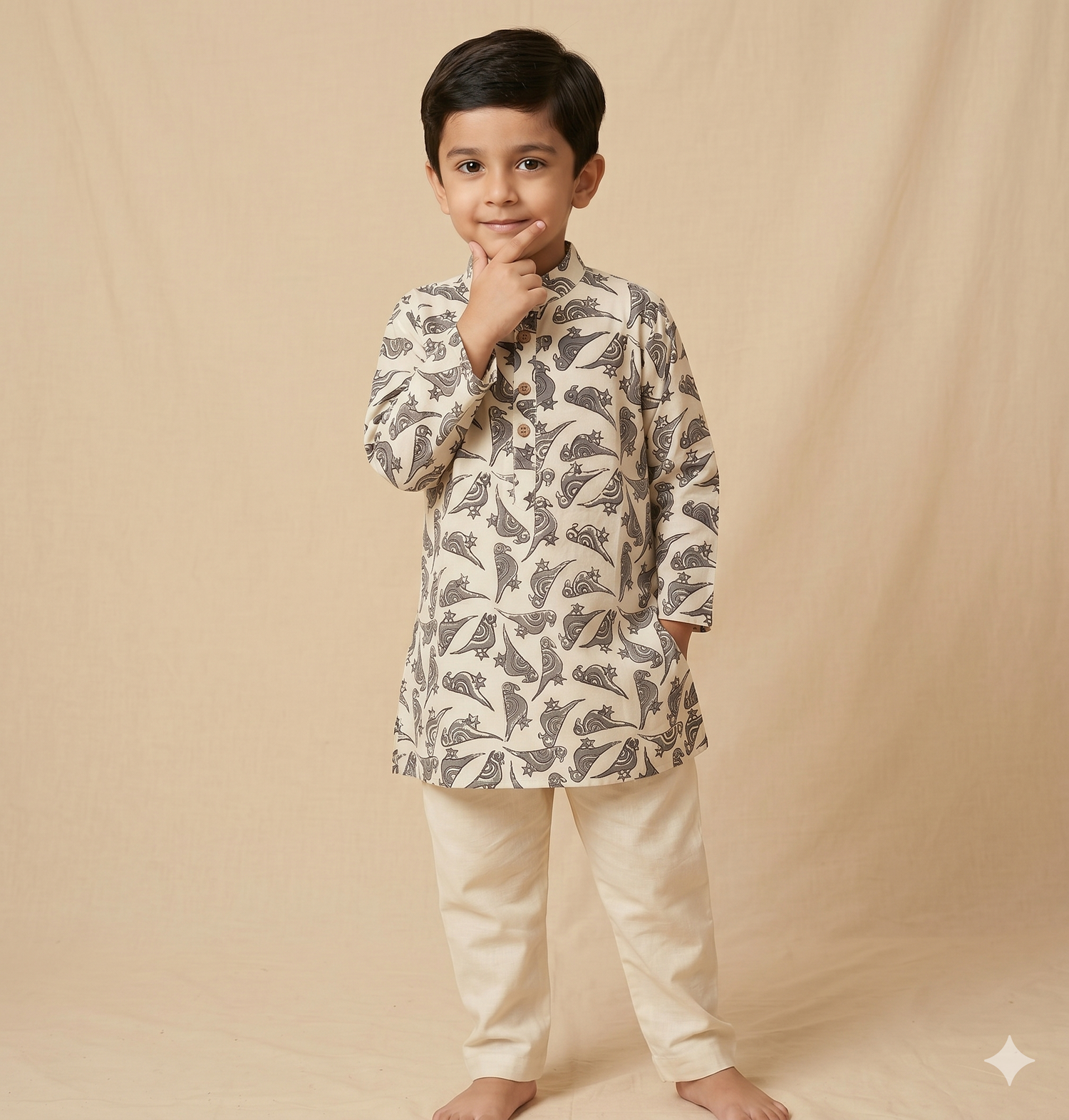 Block Print Folk Bird Kurta Pajama Set