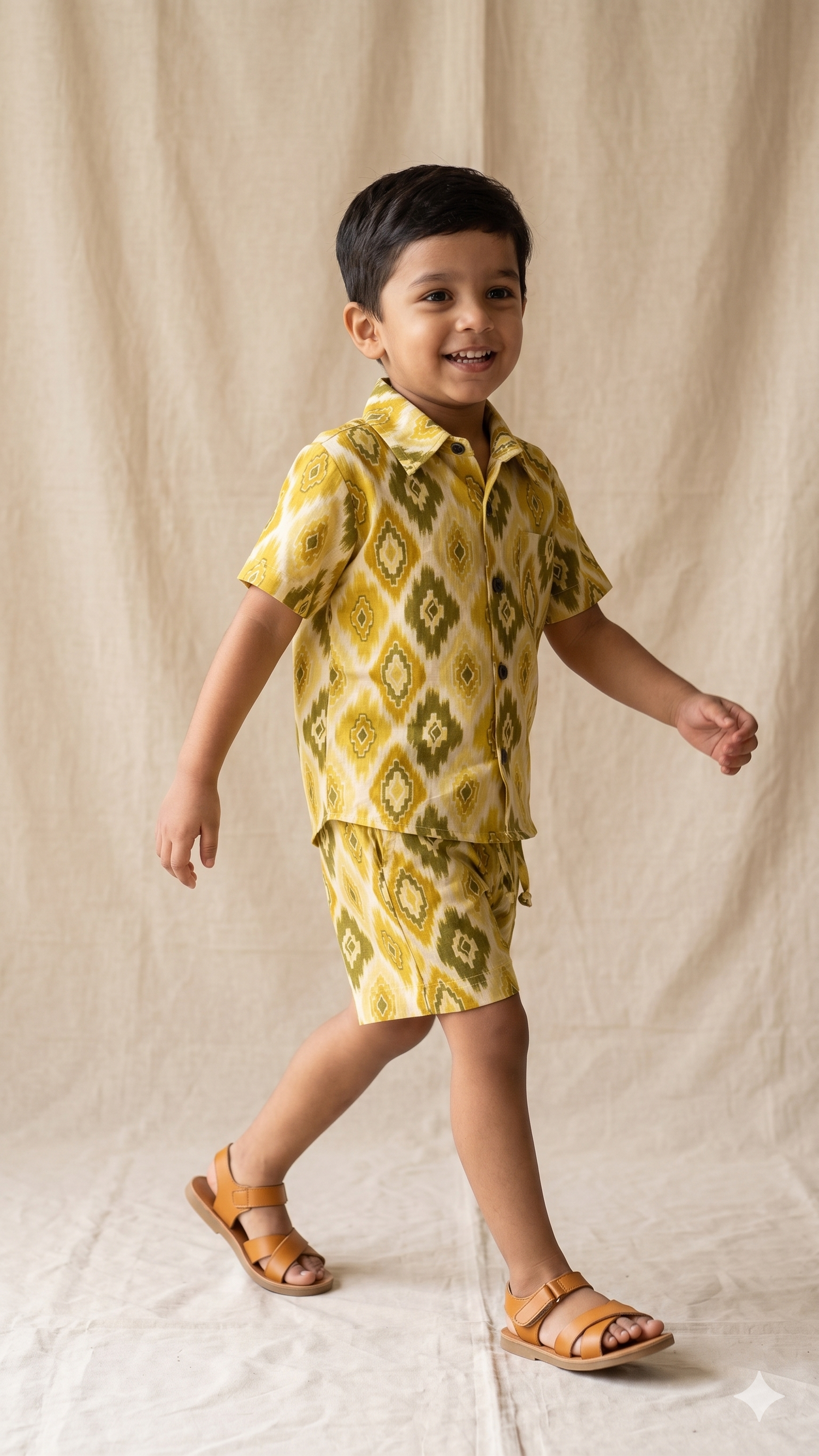 Yellow and Olive Ikat inspired Print Cotton Shirt and Shorts Co-ord Set