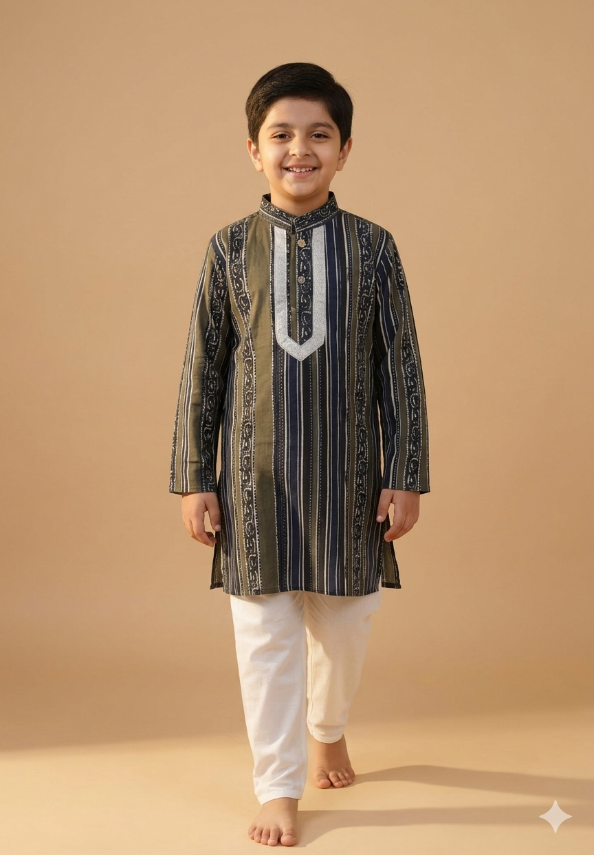 Boys Heritage Stripe Gota Yoke Kurta Pyjama Set
