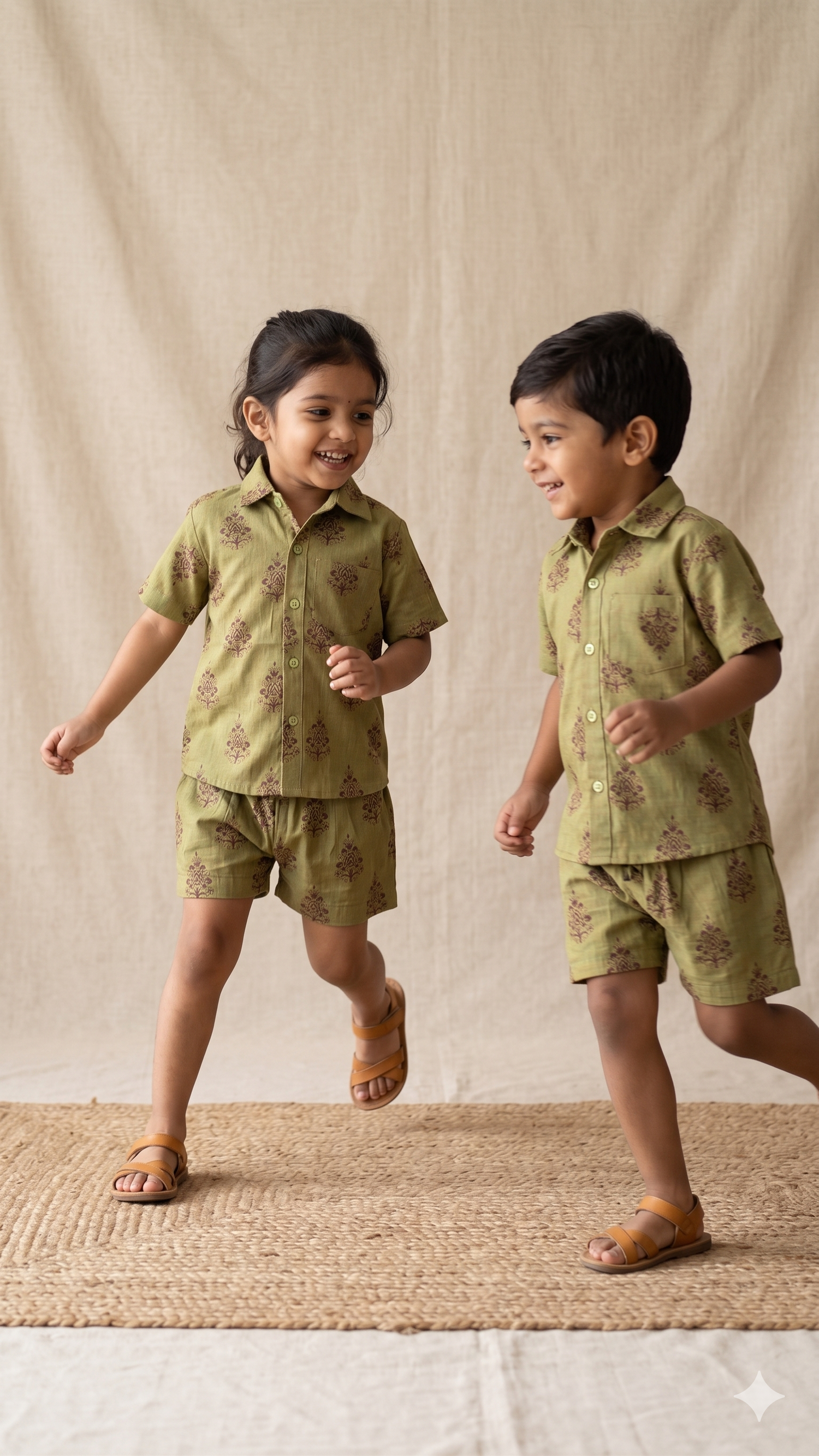 Olive Green Floral Boota Block Print Cotton Shirt and Shorts Co-ord Set
