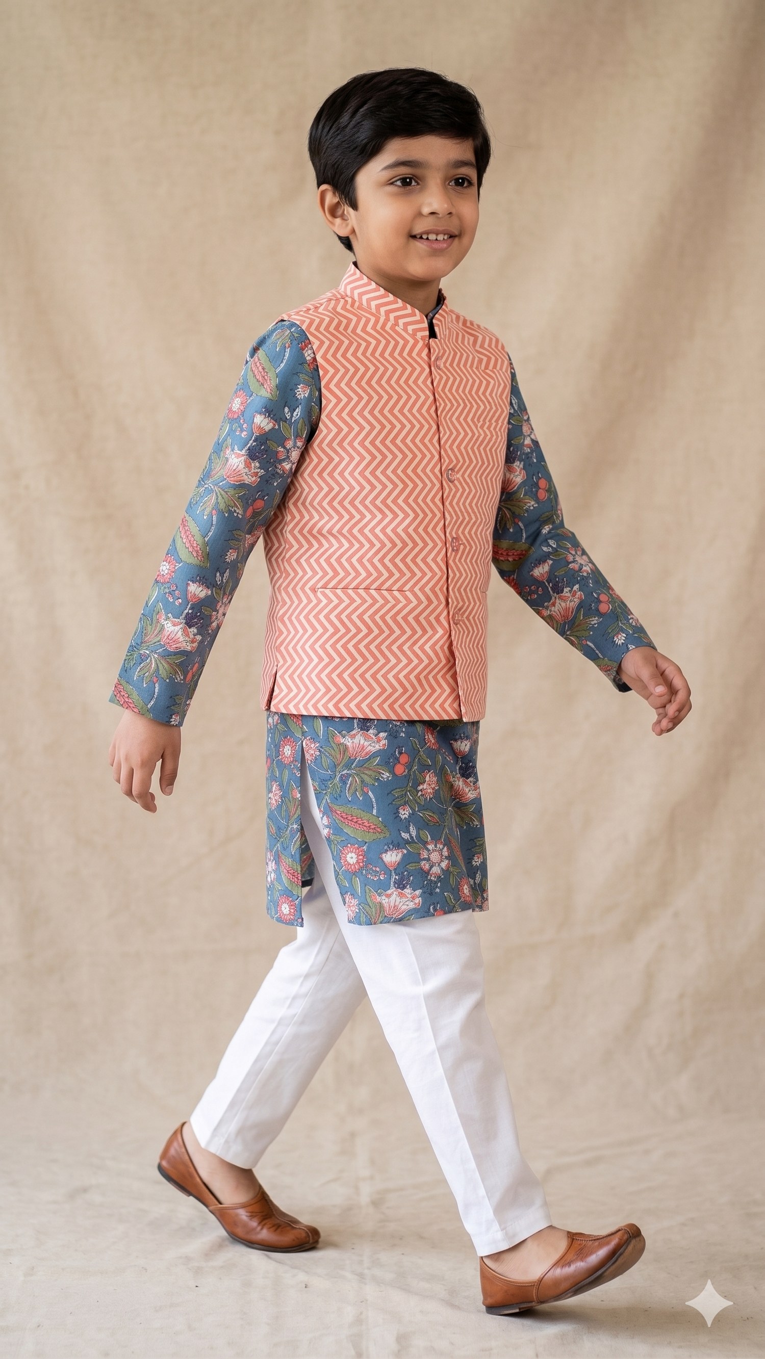 Peach Chevron and Teal Floral Block Print Nehru Jacket Kurta Pyjama Set