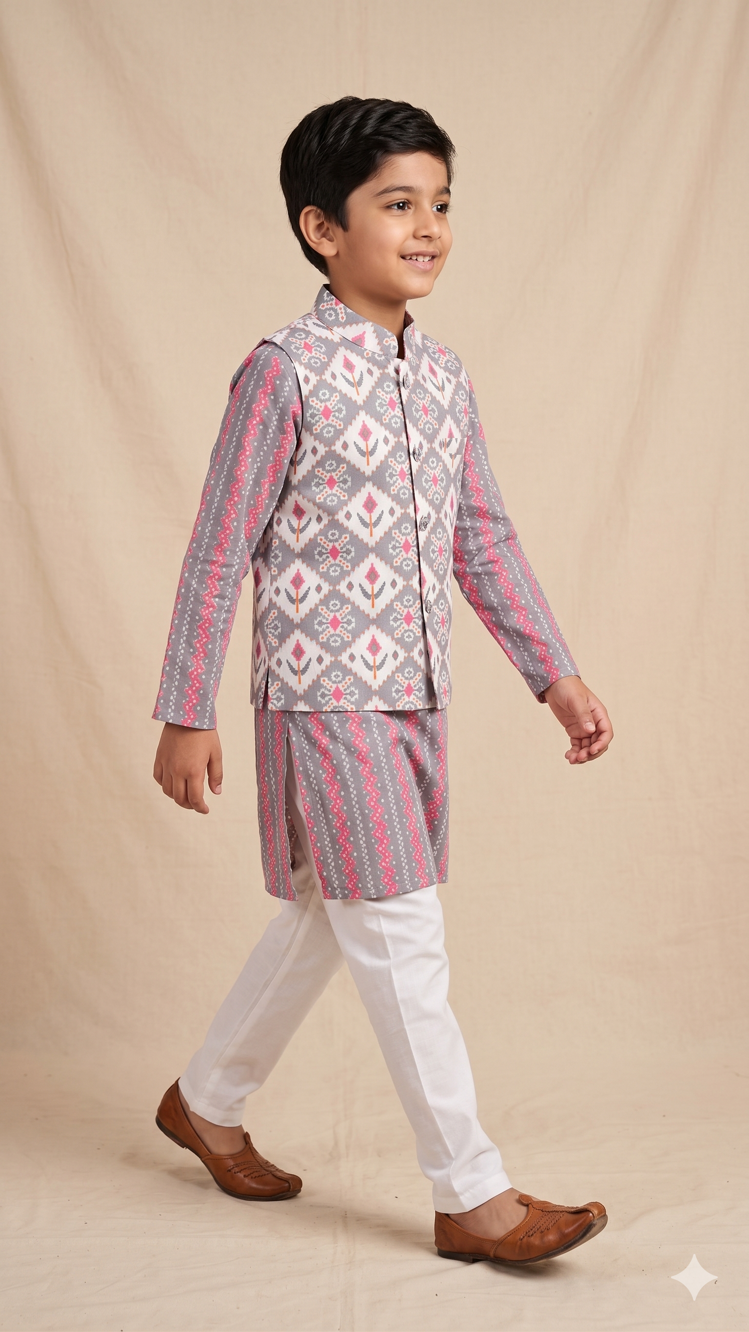 Grey and Pink Ikat inspired Print Nehru Jacket Kurta Pyjama Set